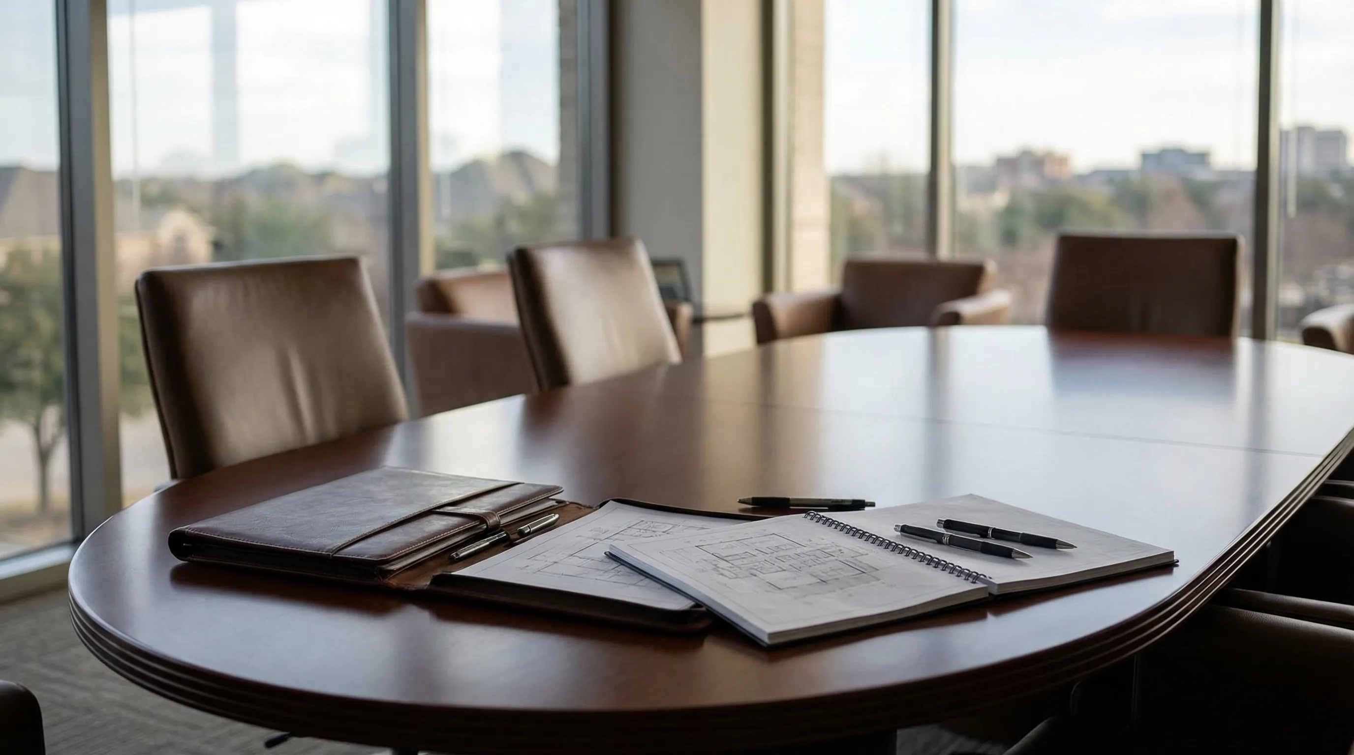 Professional modern law office consultation room in Plano, TX with attorney and client reviewing estate planning documents