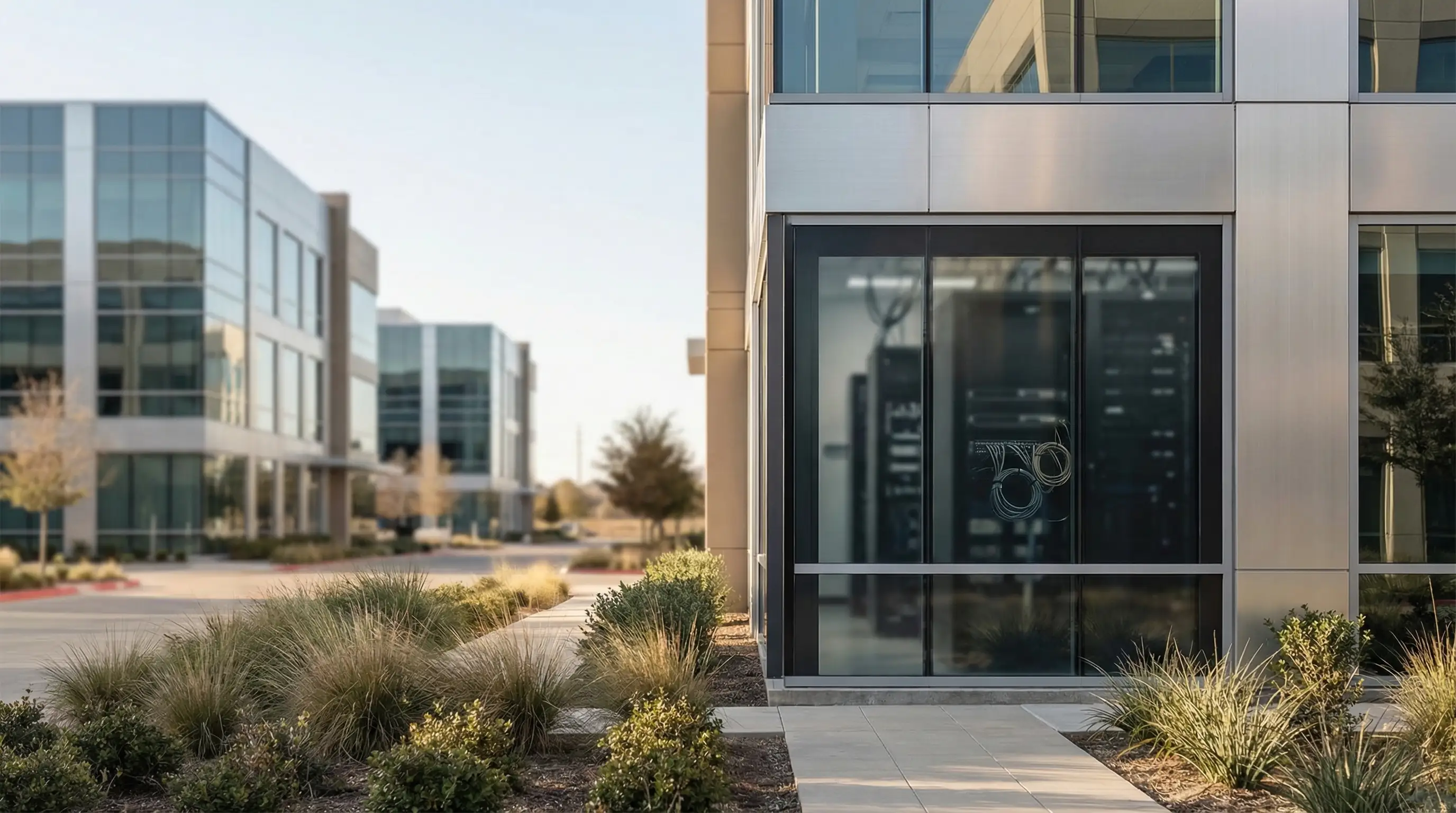 IT technician deploying network infrastructure in a modern Plano TX SMB office with corporate campus visible through window