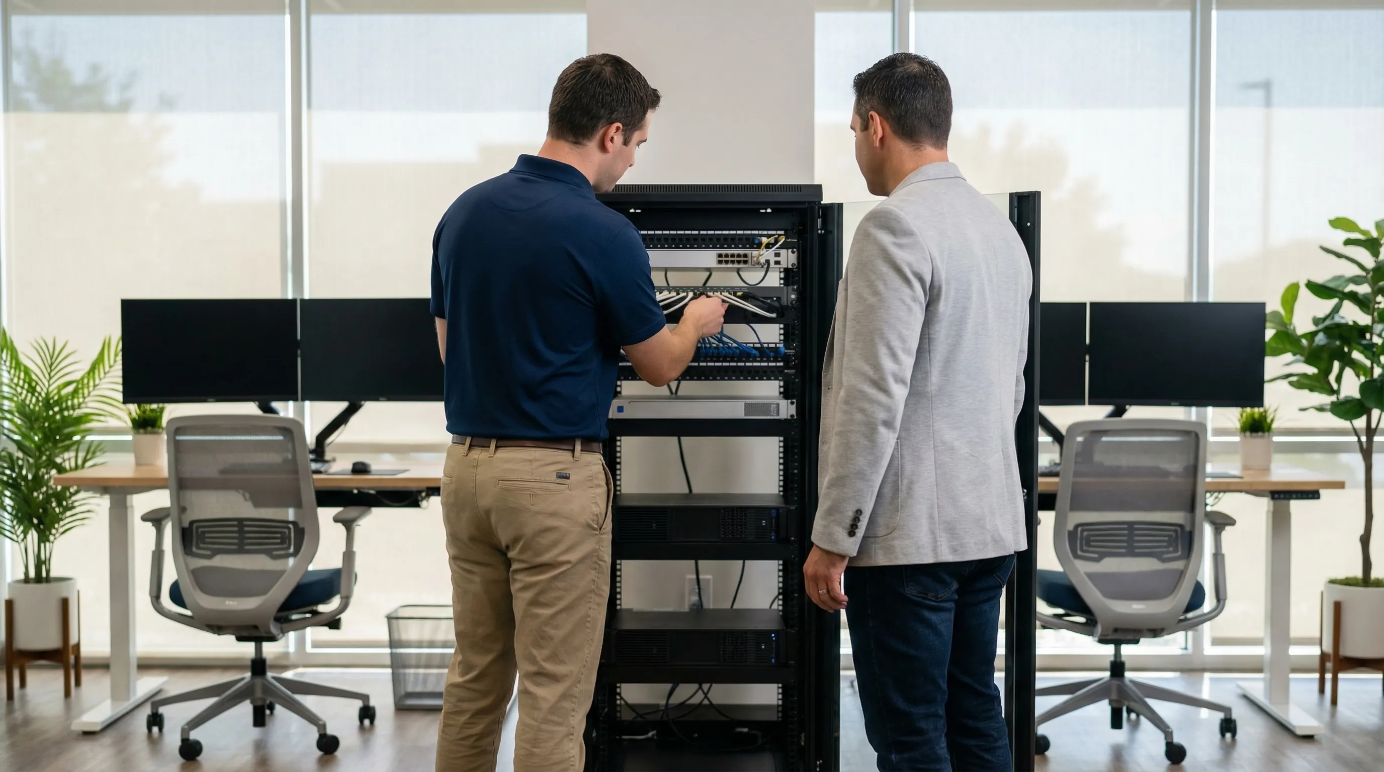 IT technician deploying network infrastructure in a modern Plano TX SMB office with corporate campus visible through window