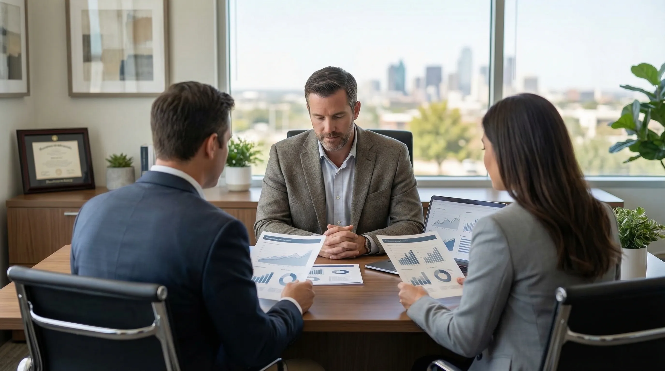 Financial advisor consulting with couple at modern wealth management office in Plano TX Legacy West with portfolio charts visible