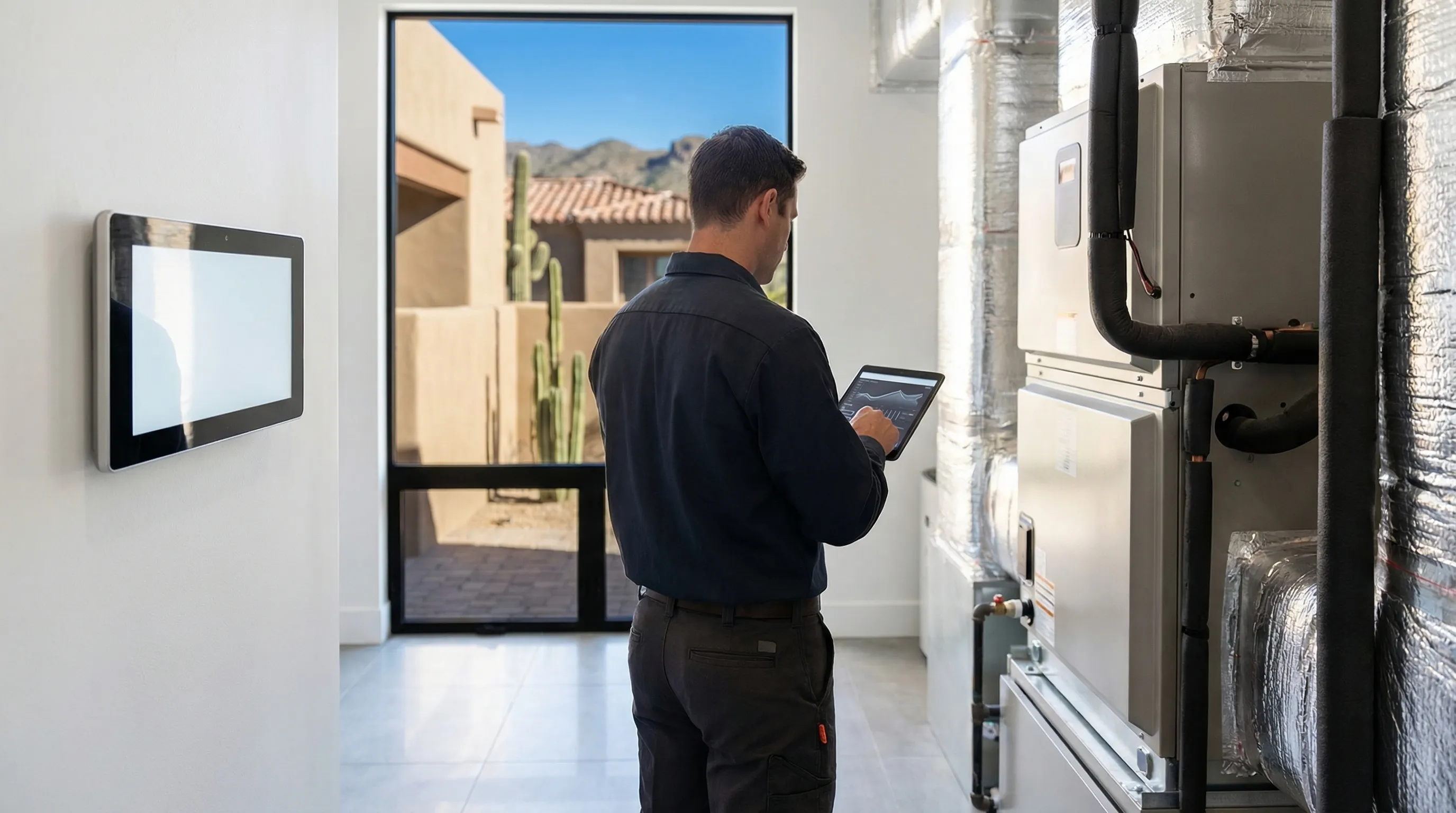 HVAC technician servicing a luxury home air conditioning unit in Scottsdale, AZ with McDowell Mountains in background