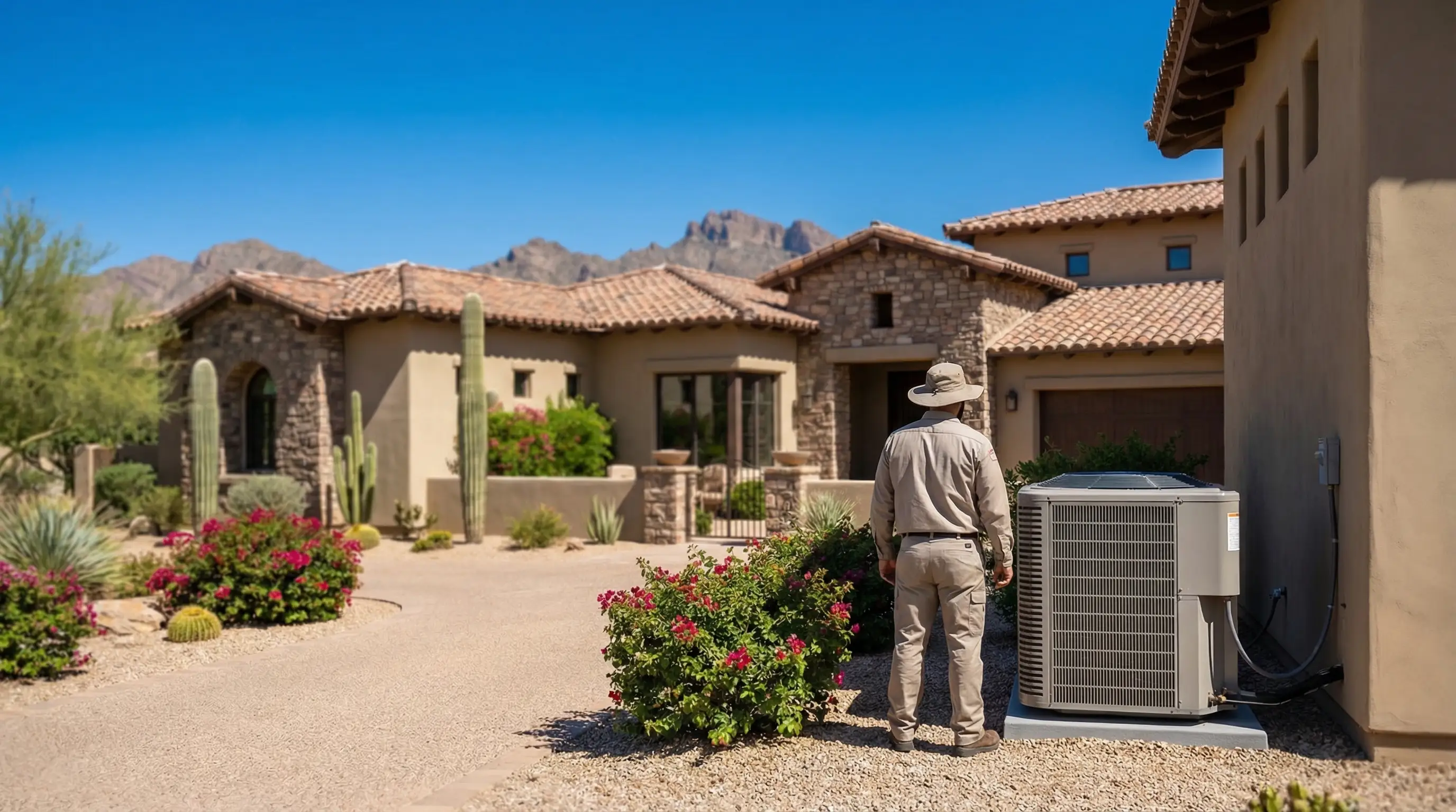 HVAC technician servicing a luxury home air conditioning unit in Scottsdale, AZ with McDowell Mountains in background