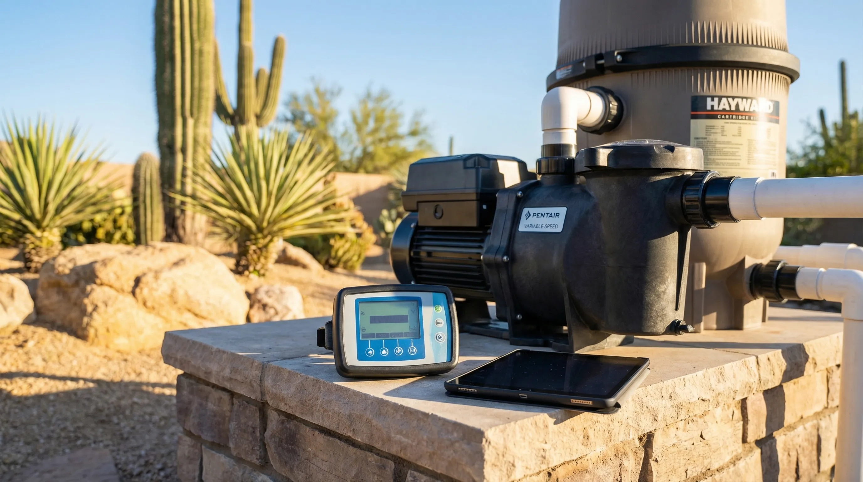 Pool service technician testing water chemistry at a luxury resort-style pool in Scottsdale, AZ with desert landscaping and mountains in background
