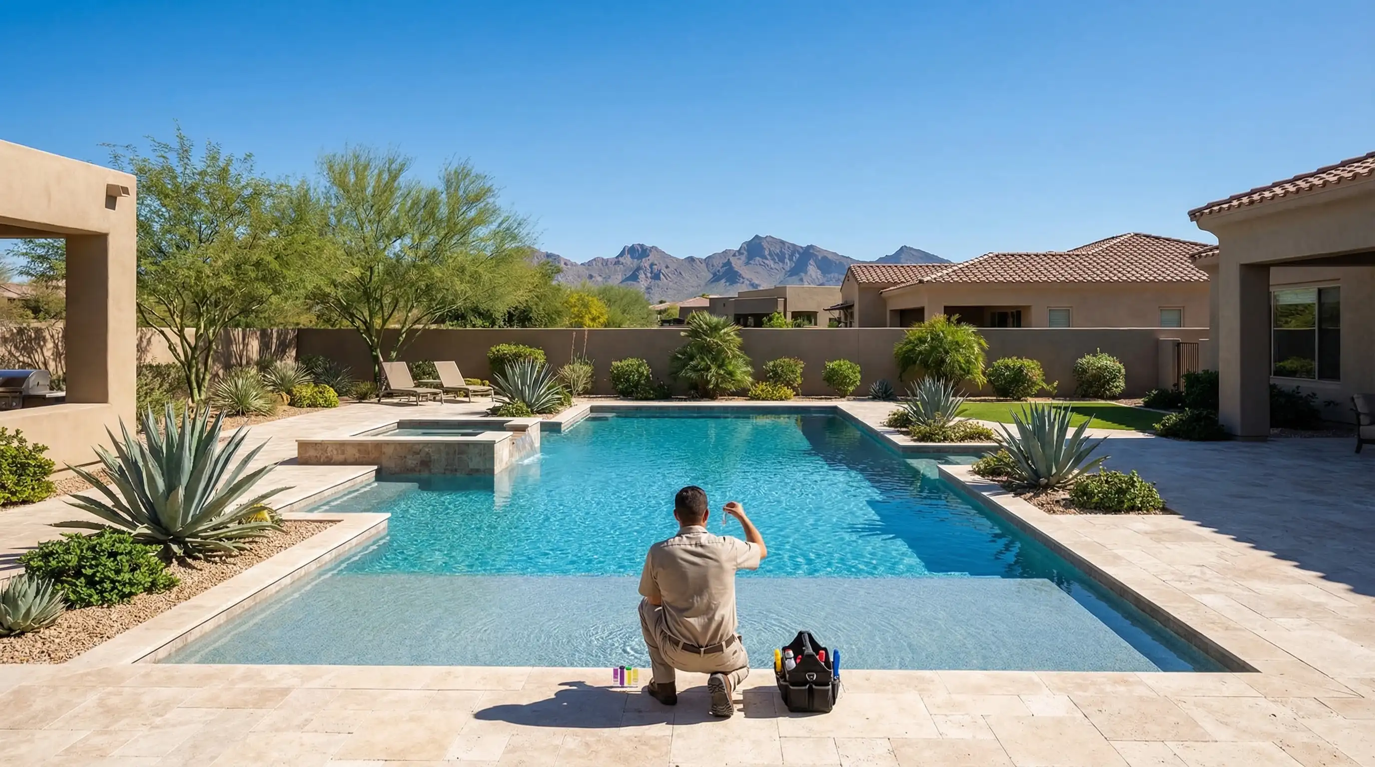 Pool service technician testing water chemistry at a luxury resort-style pool in Scottsdale, AZ with desert landscaping and mountains in background