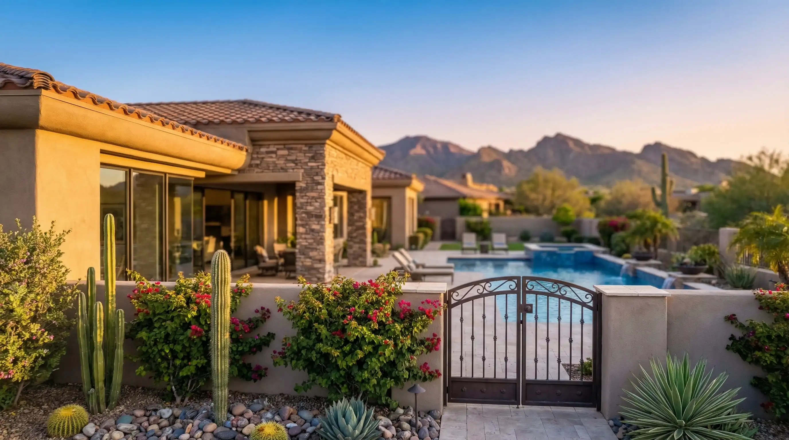 Real estate agent showing a luxury home to buyers in North Scottsdale, AZ with desert mountain views in background