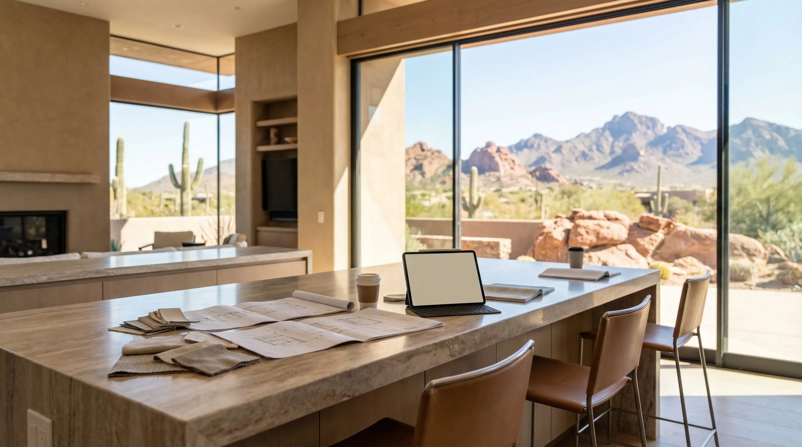 Real estate agent showing a luxury home to buyers in North Scottsdale, AZ with desert mountain views in background