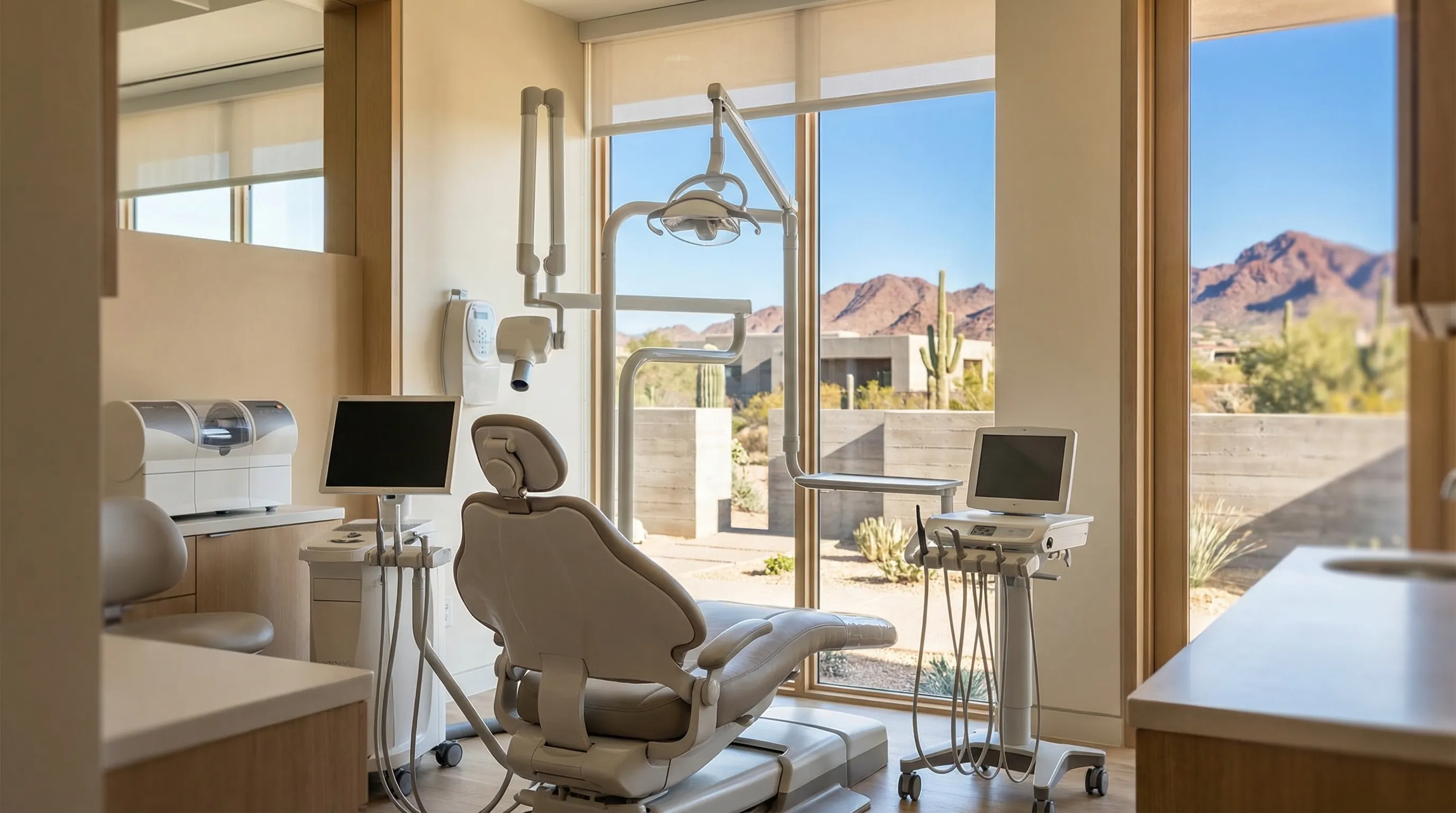 Dental professional reviewing treatment plan with a patient in a modern Scottsdale dental office with natural light and upscale finishes
