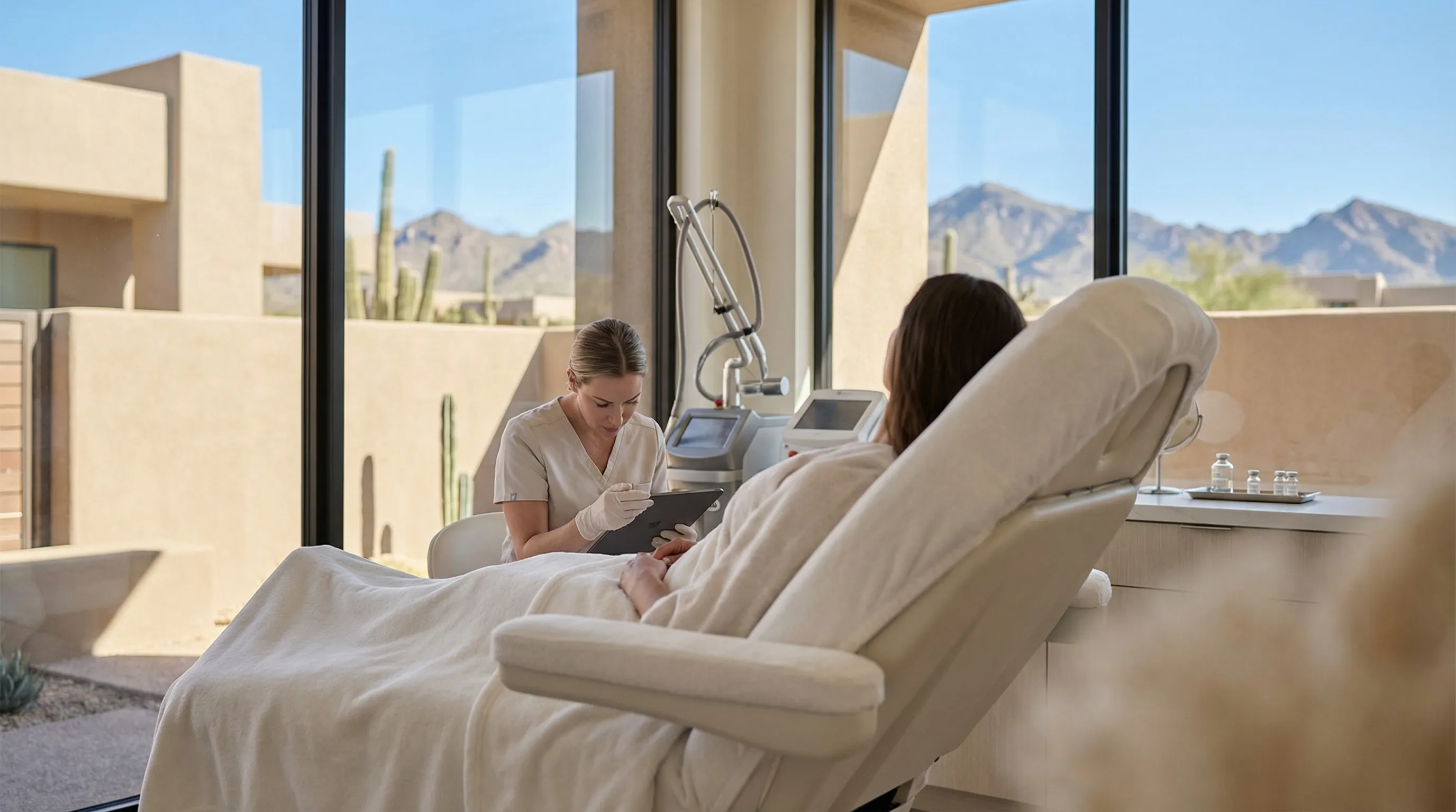 Interior treatment room of a high-end Scottsdale medspa with soft lighting, white and sand tones, and a nurse practitioner reviewing treatment notes with a patient in a reclined chair