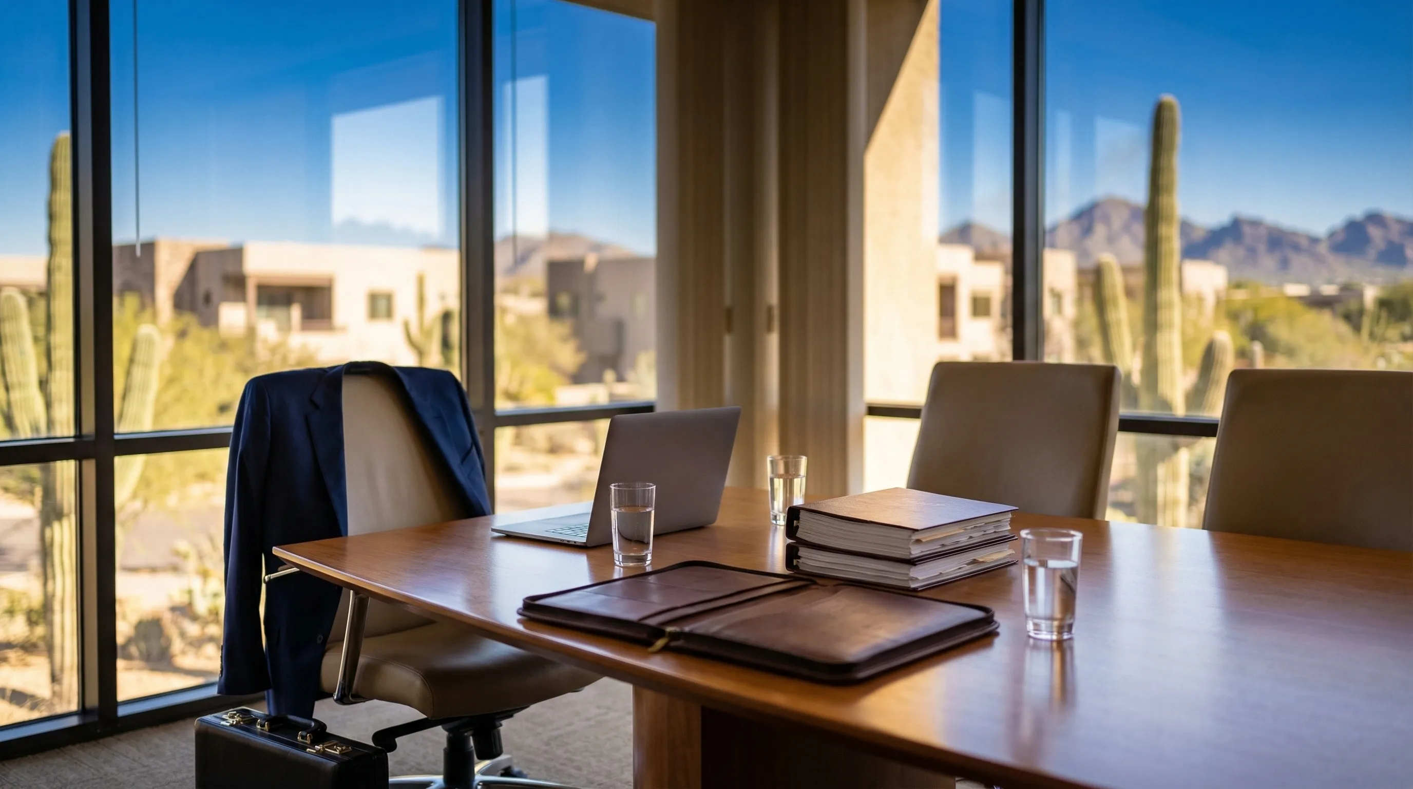 Interior conference room of an upscale Scottsdale law firm with attorney seated across from clients at a polished conference table, floor-to-ceiling windows with desert view in background