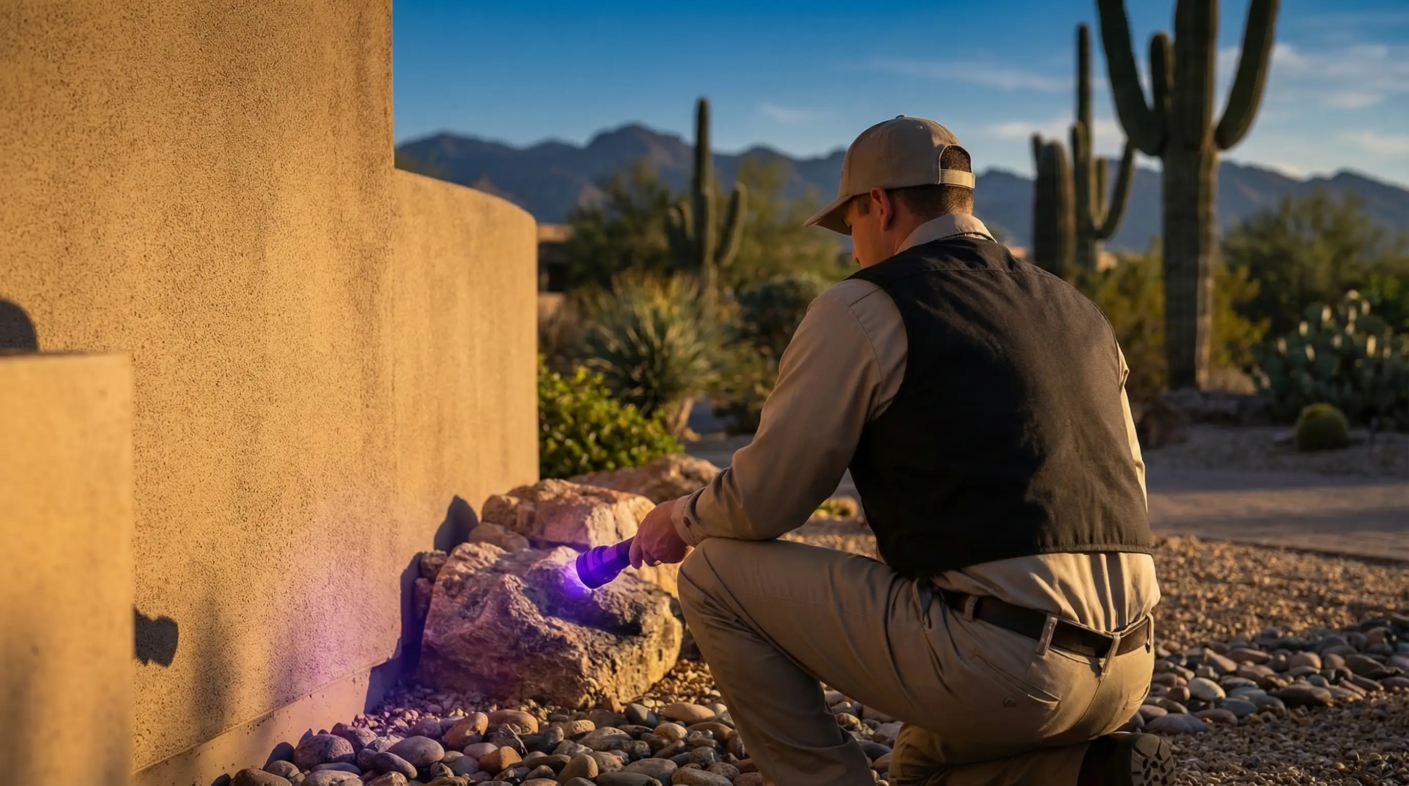Pest control technician in branded uniform using a UV flashlight to inspect the base of a desert-landscaped Scottsdale luxury home at dusk, checking for scorpions along the stucco wall and rock landscaping