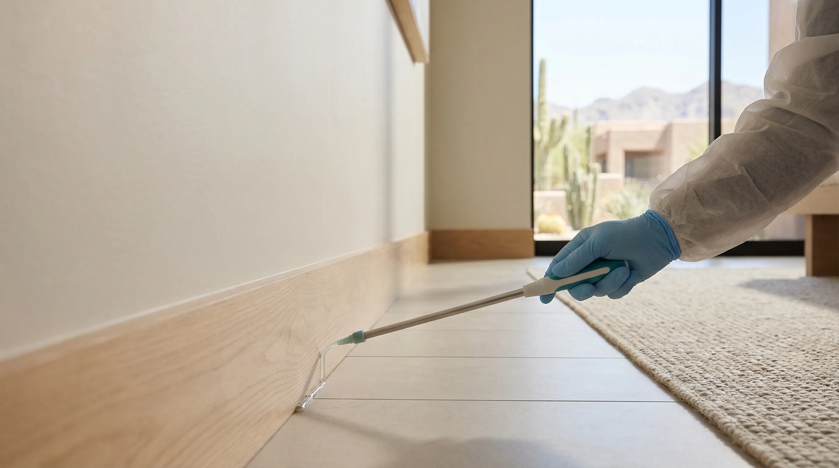 Pest control technician in branded uniform using a UV flashlight to inspect the base of a desert-landscaped Scottsdale luxury home at dusk, checking for scorpions along the stucco wall and rock landscaping