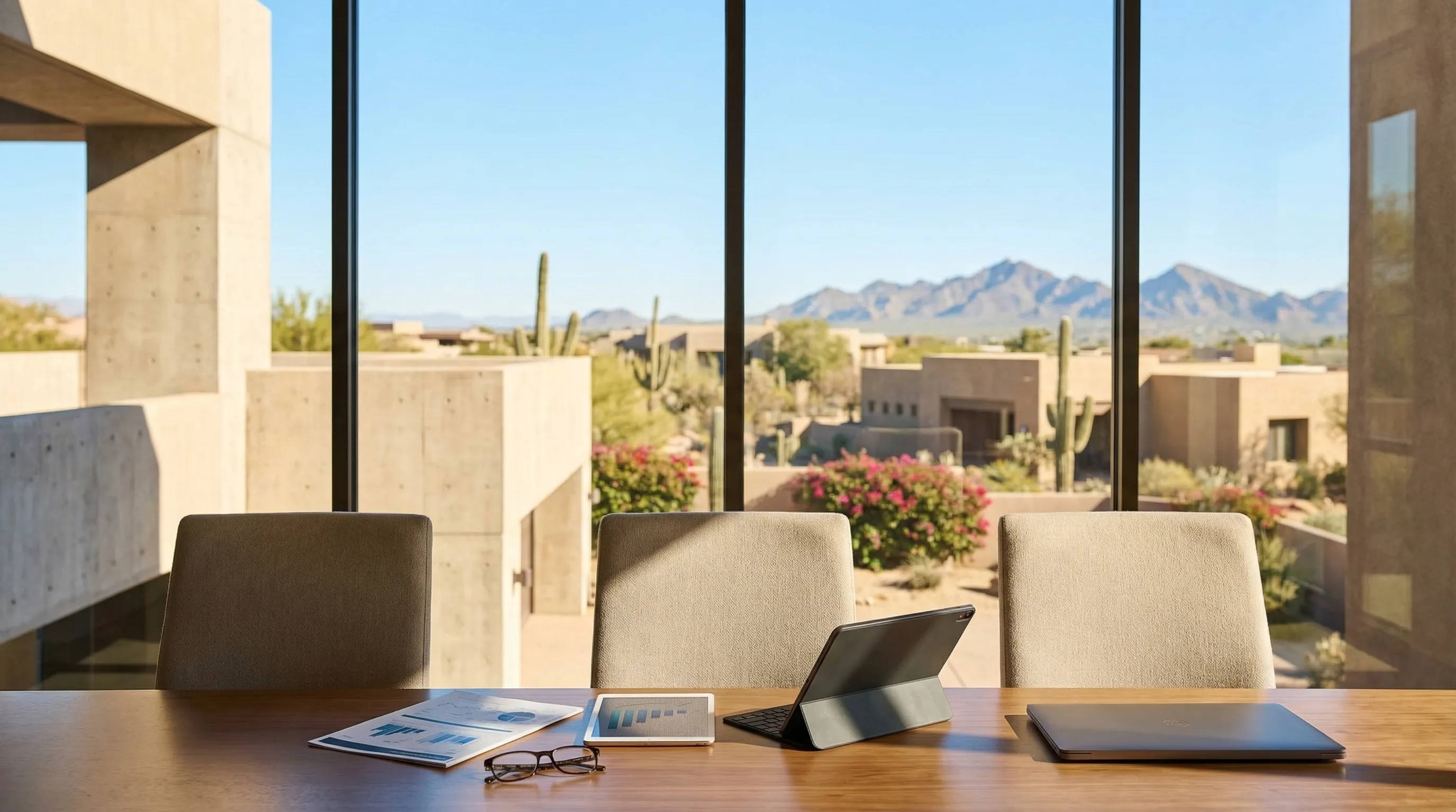 Interior of a Scottsdale financial advisory meeting room with advisor seated with a retired couple reviewing a financial plan across a conference table, warm lighting, and desert landscape view through large windows