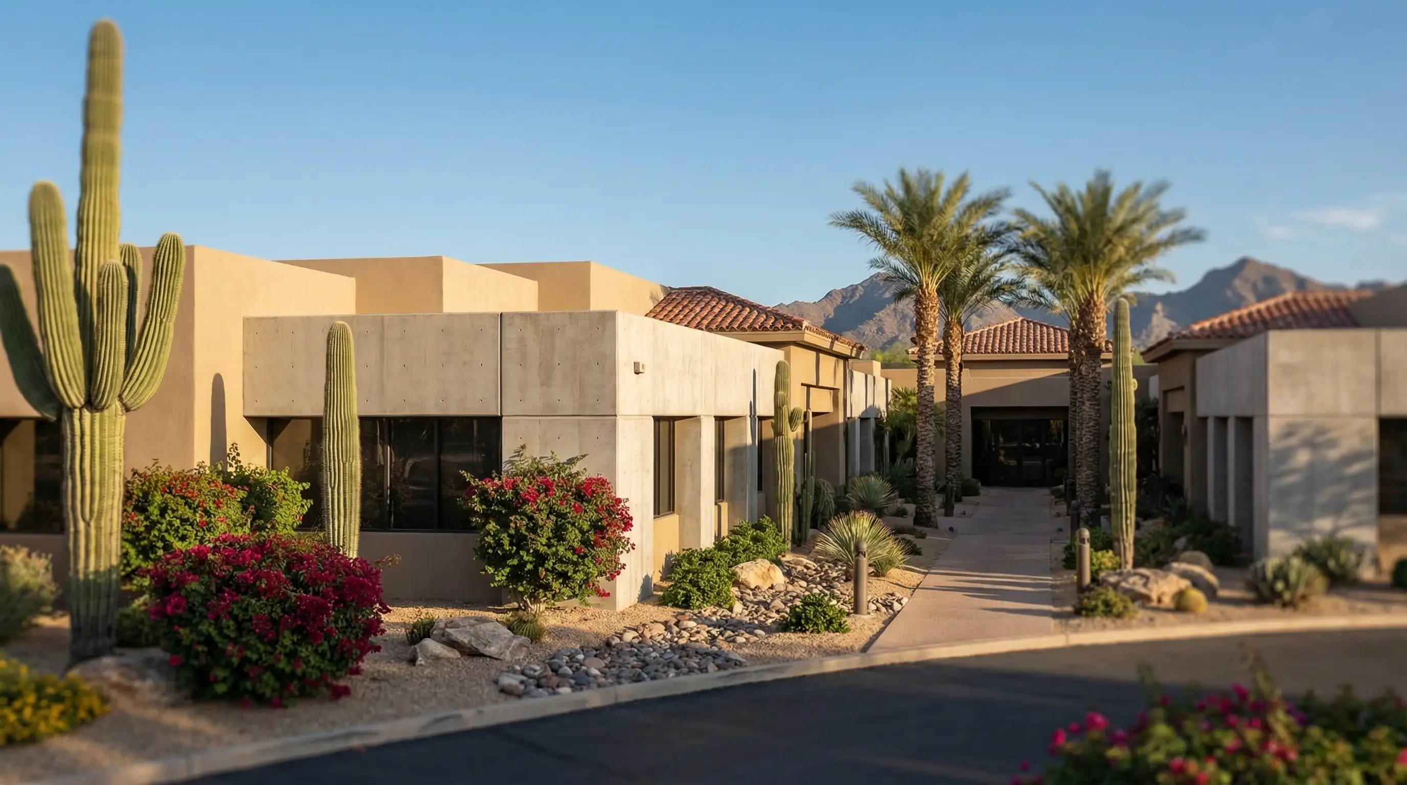 Interior of a Scottsdale financial advisory meeting room with advisor seated with a retired couple reviewing a financial plan across a conference table, warm lighting, and desert landscape view through large windows