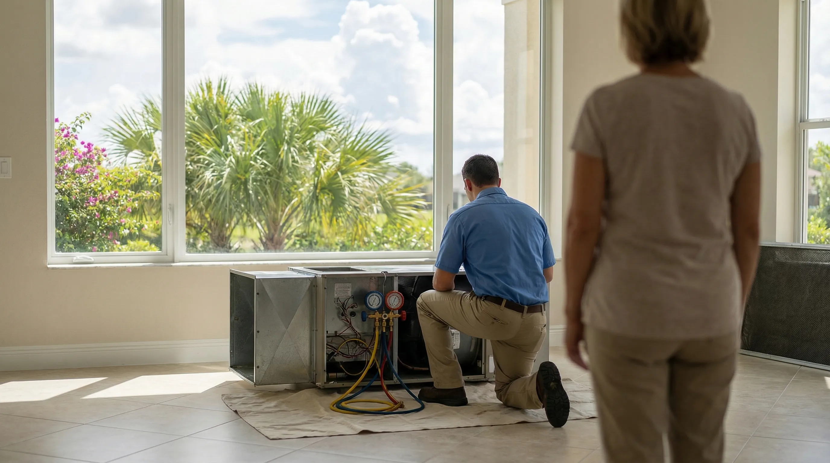 Professional HVAC technician inspecting rooftop AC condenser unit on a Florida home in Fort Myers, FL