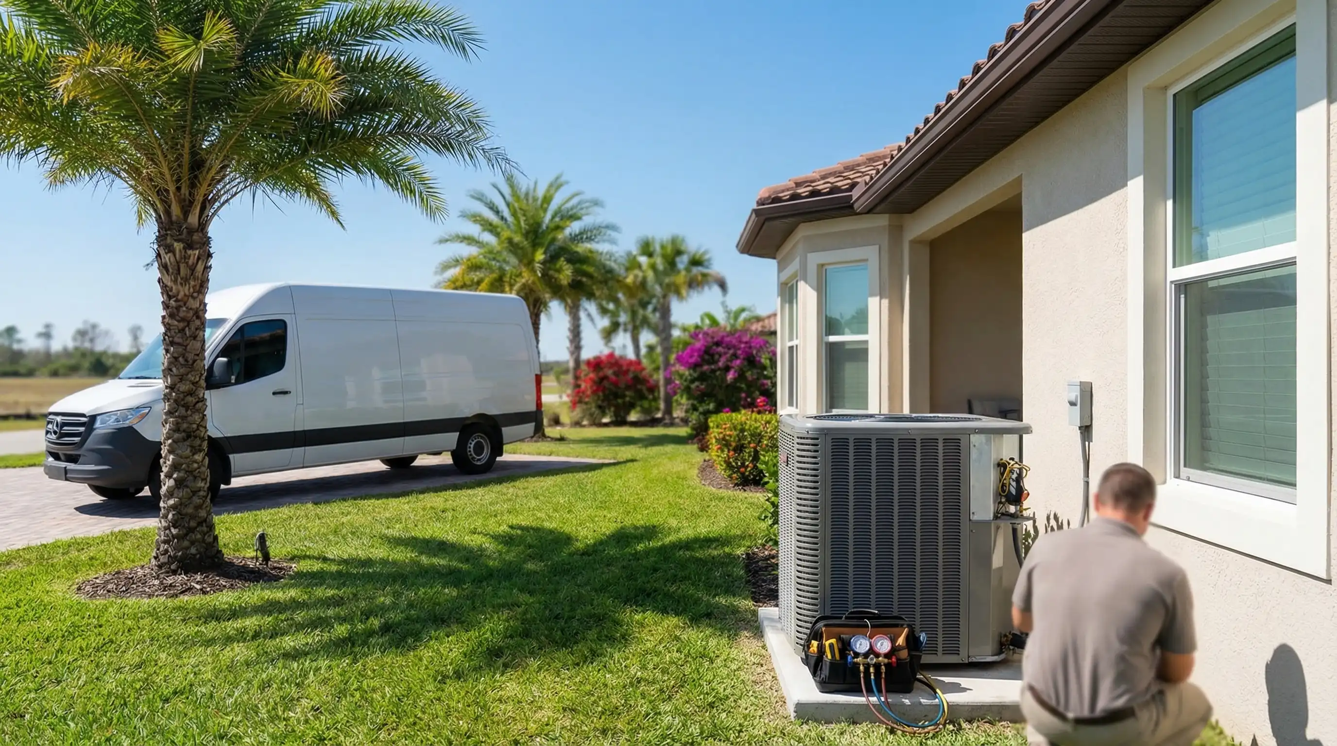 Professional HVAC technician inspecting rooftop AC condenser unit on a Florida home in Fort Myers, FL