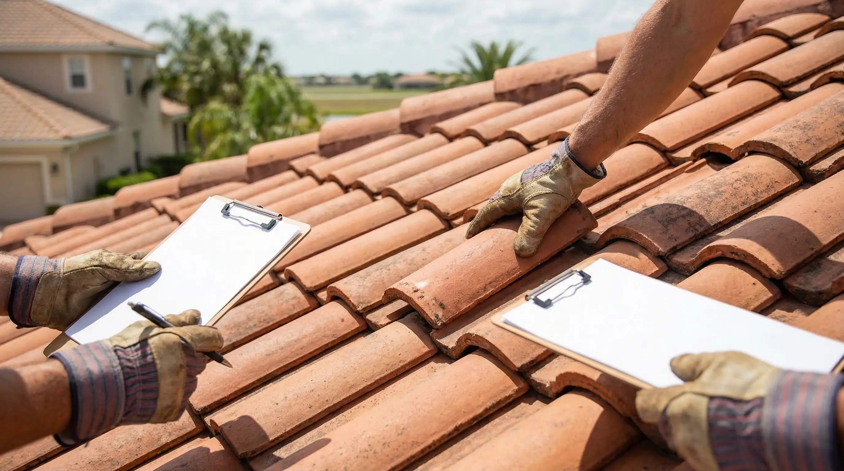 Professional roofing crew installing tile roof on a Florida home in Fort Myers, FL after Hurricane Ian damage