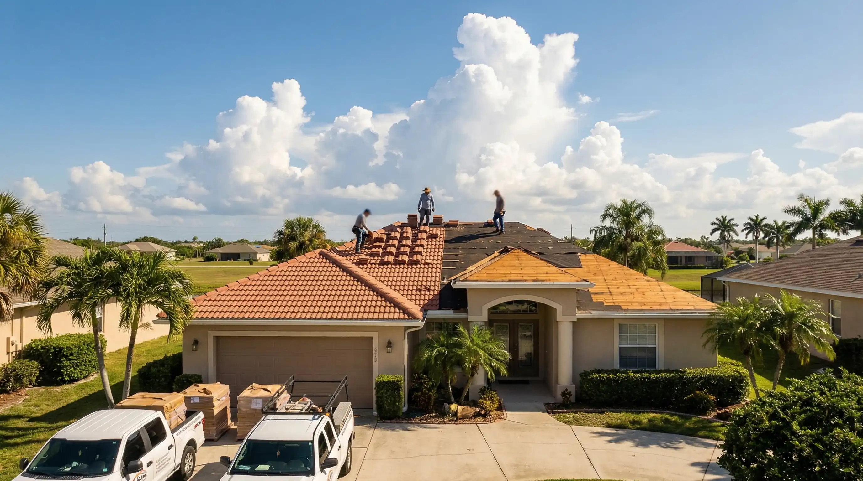 Professional roofing crew installing tile roof on a Florida home in Fort Myers, FL after Hurricane Ian damage