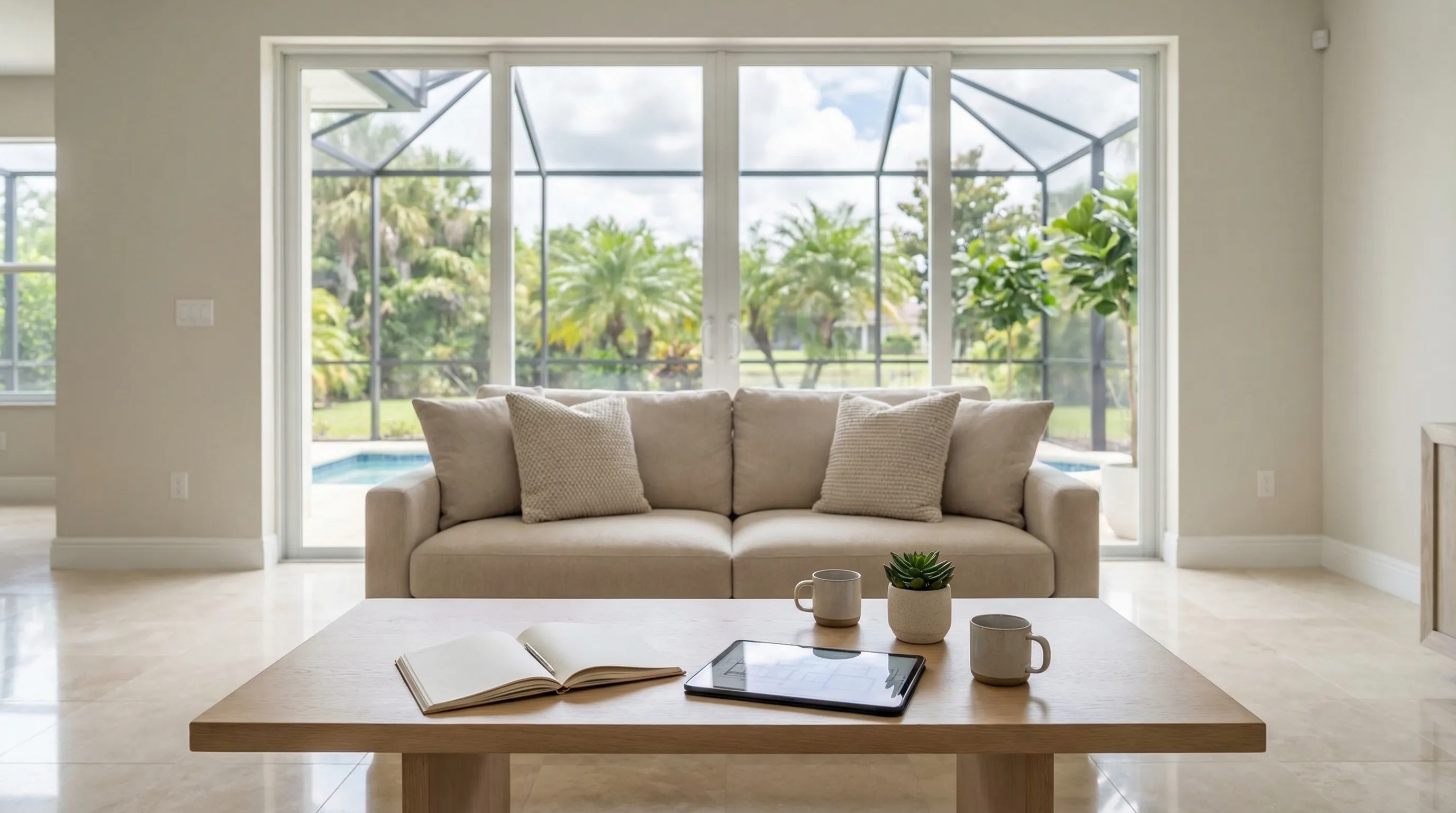 Professional real estate agent presenting a Fort Myers FL home listing to a couple in a modern Florida living room