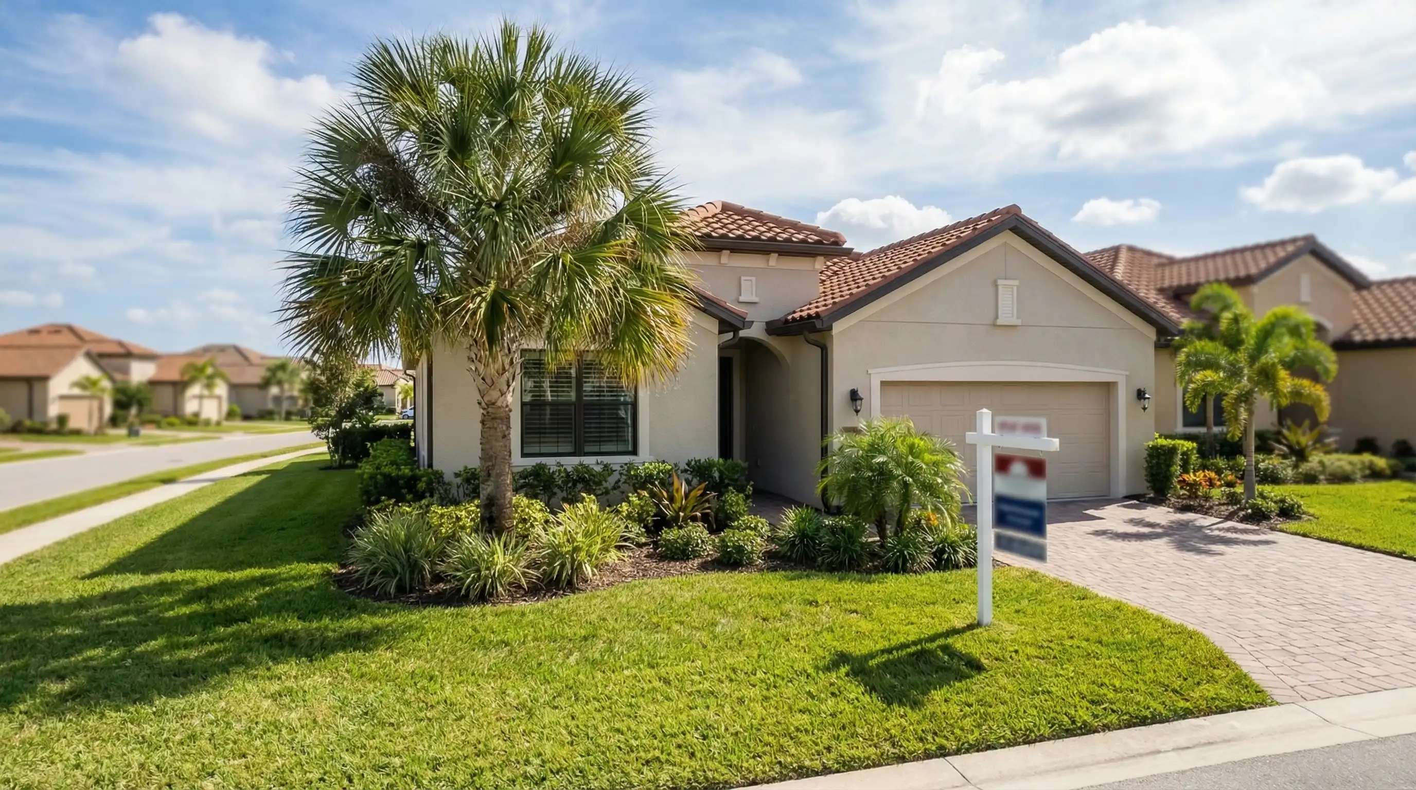 Professional real estate agent presenting a Fort Myers FL home listing to a couple in a modern Florida living room