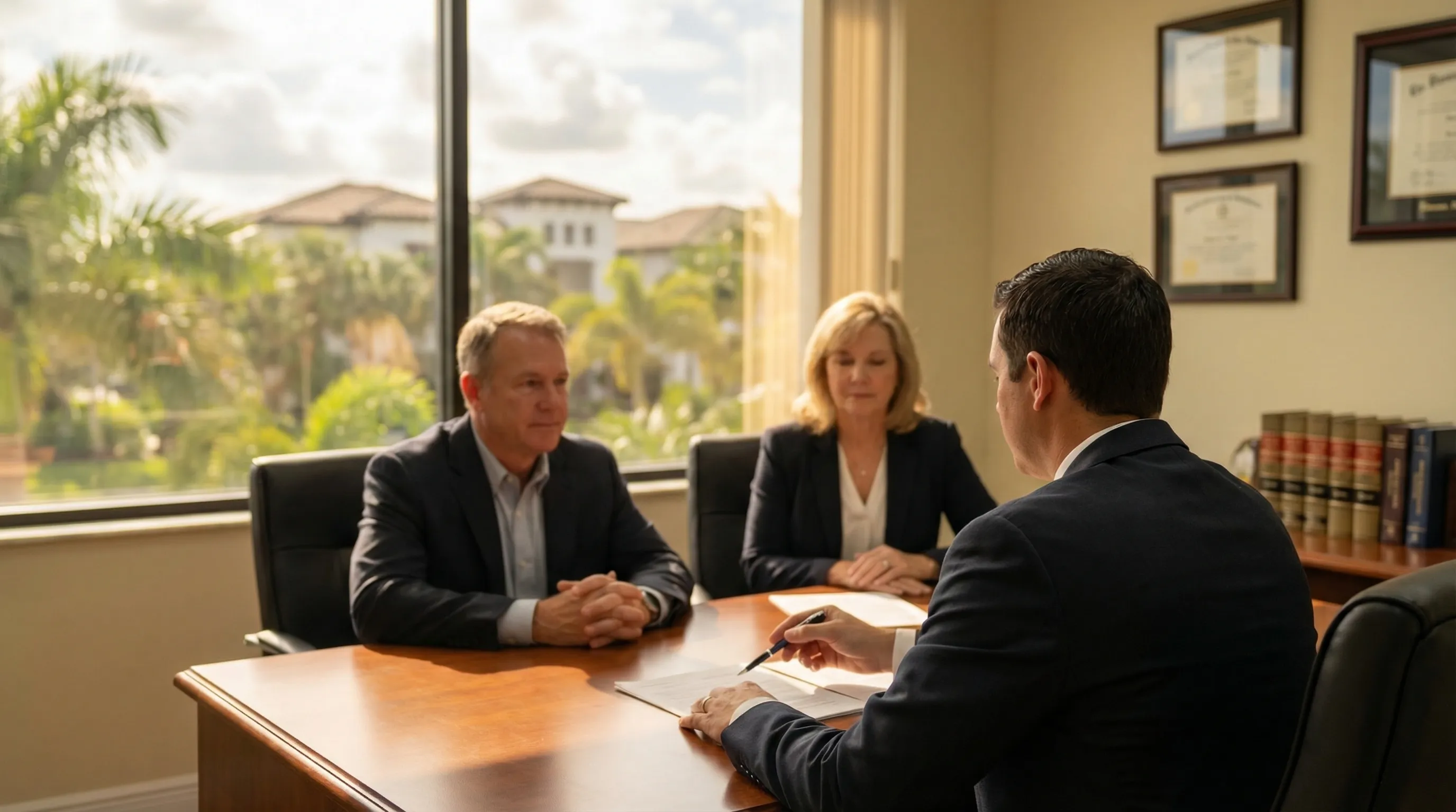 Professional attorney consulting with a client in a modern Fort Myers FL law office