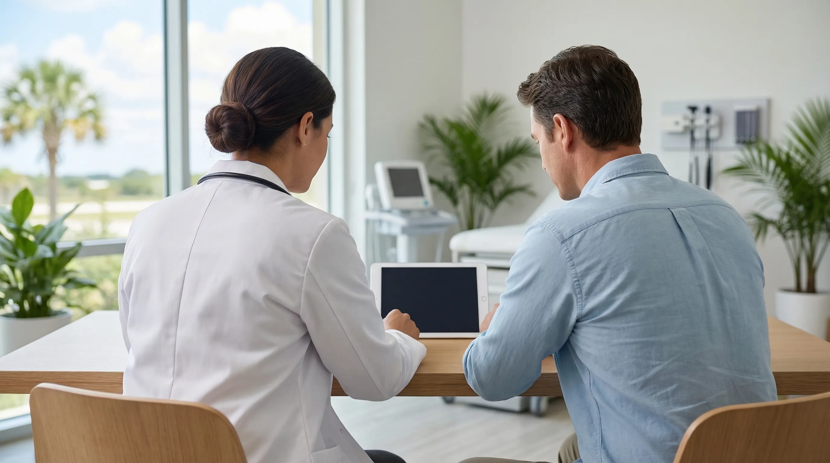 Professional physician consulting with a patient in a modern medical office in Fort Myers, FL