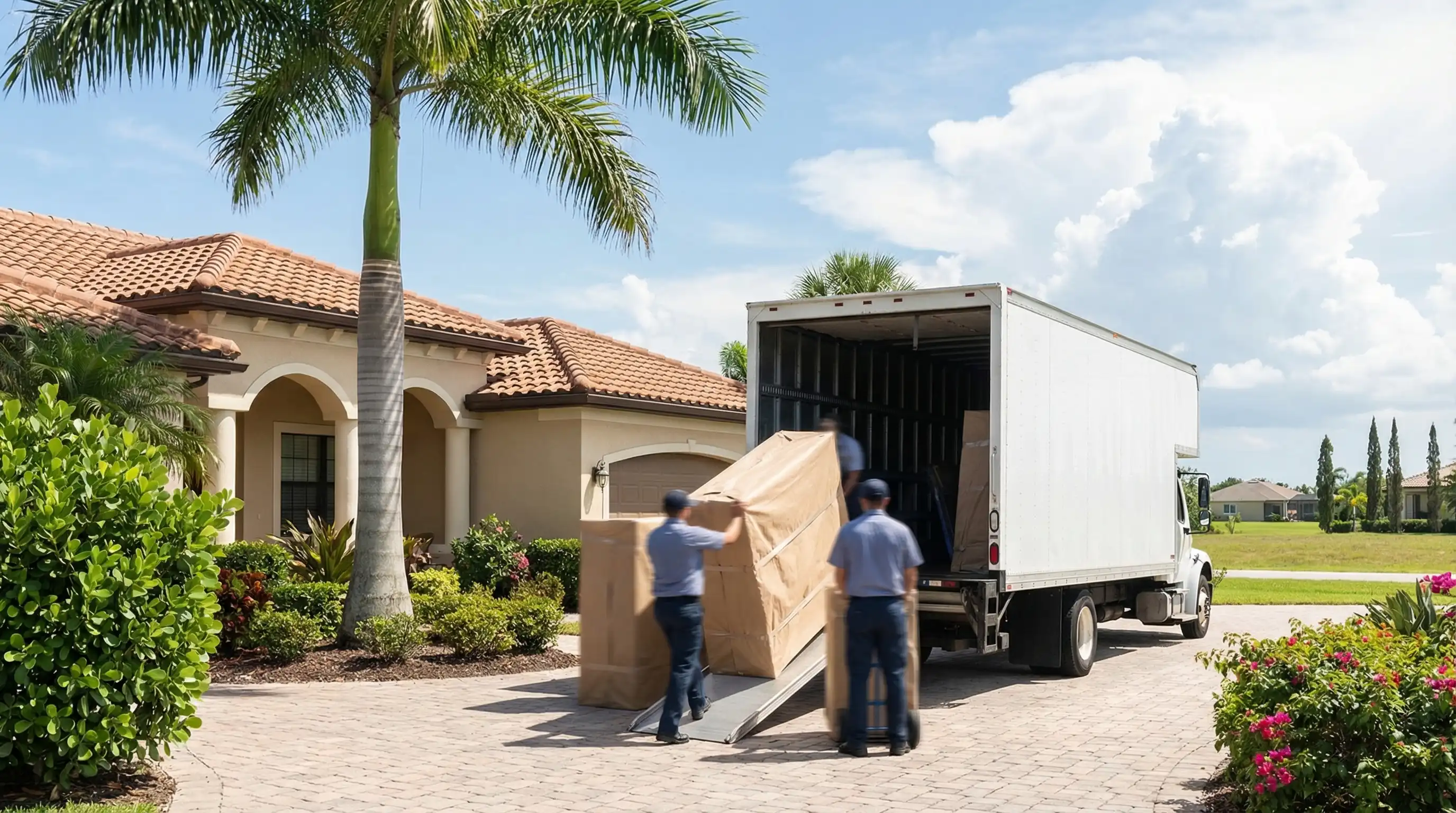 Professional moving crew loading furniture onto a truck in front of a Fort Myers FL residential home
