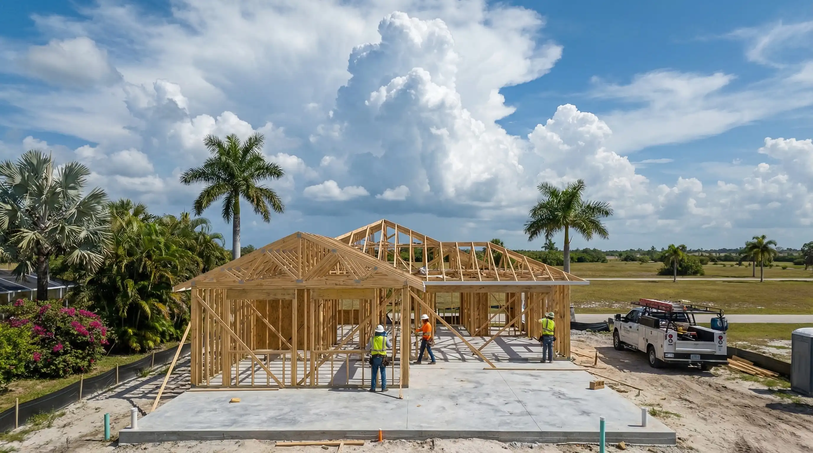 Construction crew working on a new residential build at an active job site in Fort Myers, FL