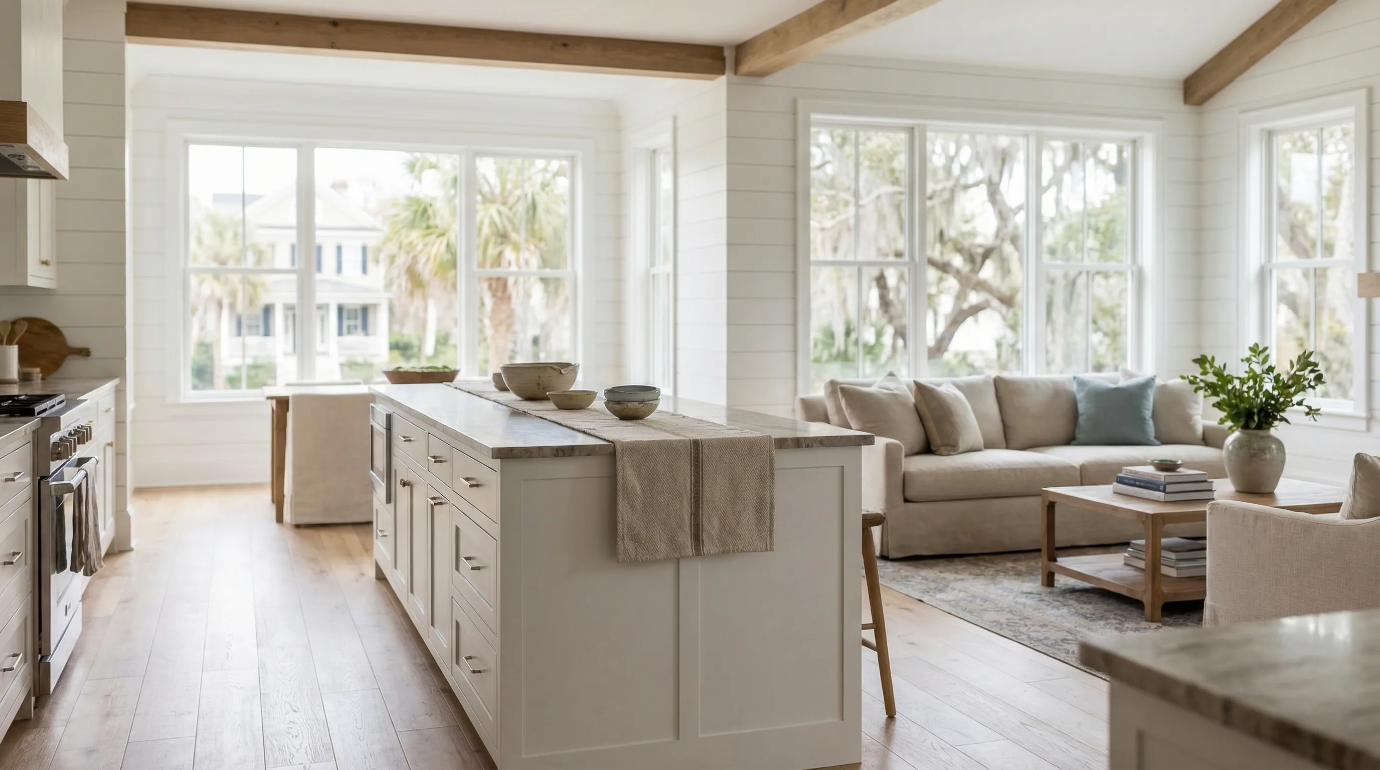 Professional real estate agent showing a Lowcountry-style home to a couple on a palmetto-lined street in Charleston, SC