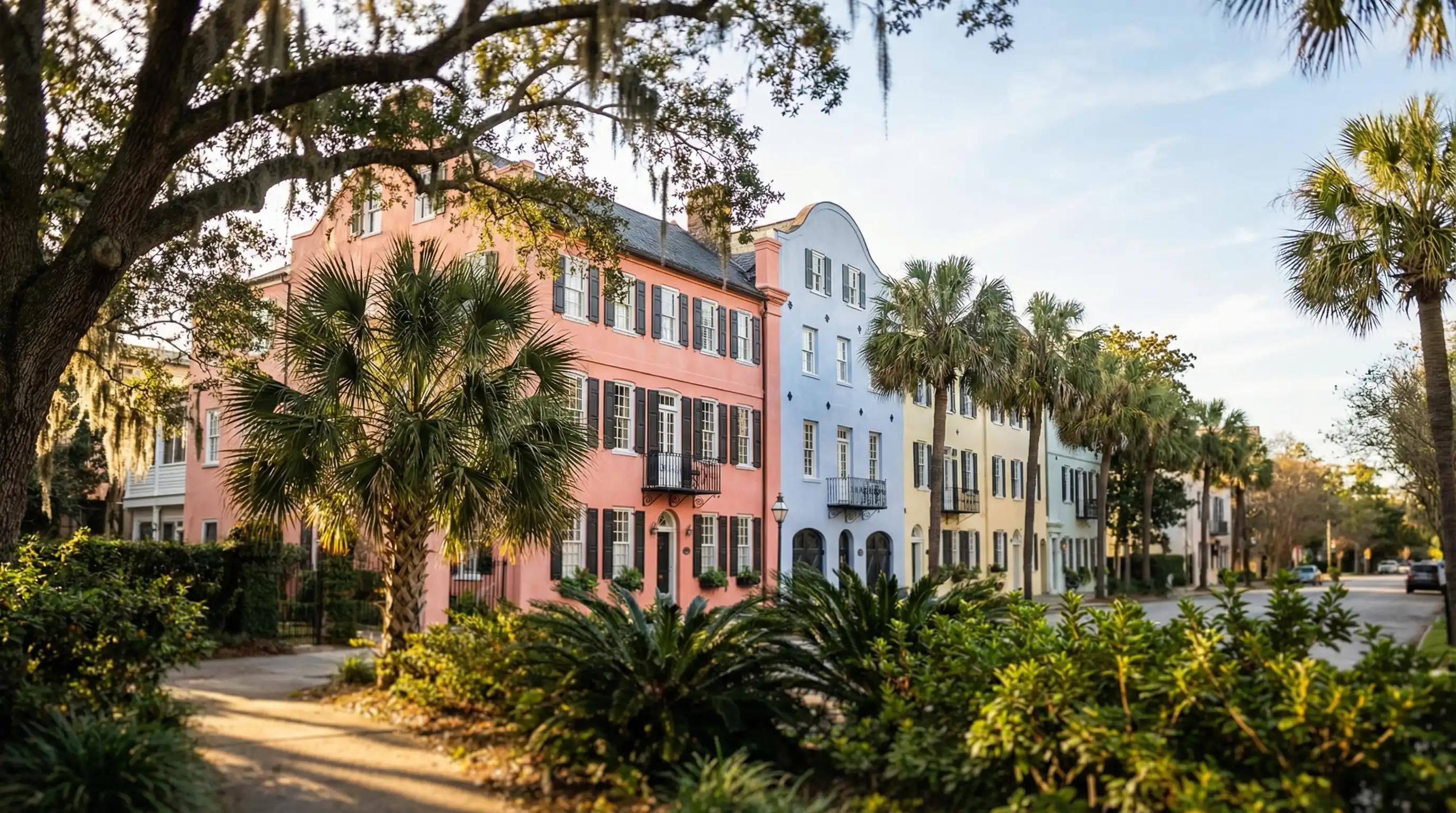 Professional real estate agent showing a Lowcountry-style home to a couple on a palmetto-lined street in Charleston, SC