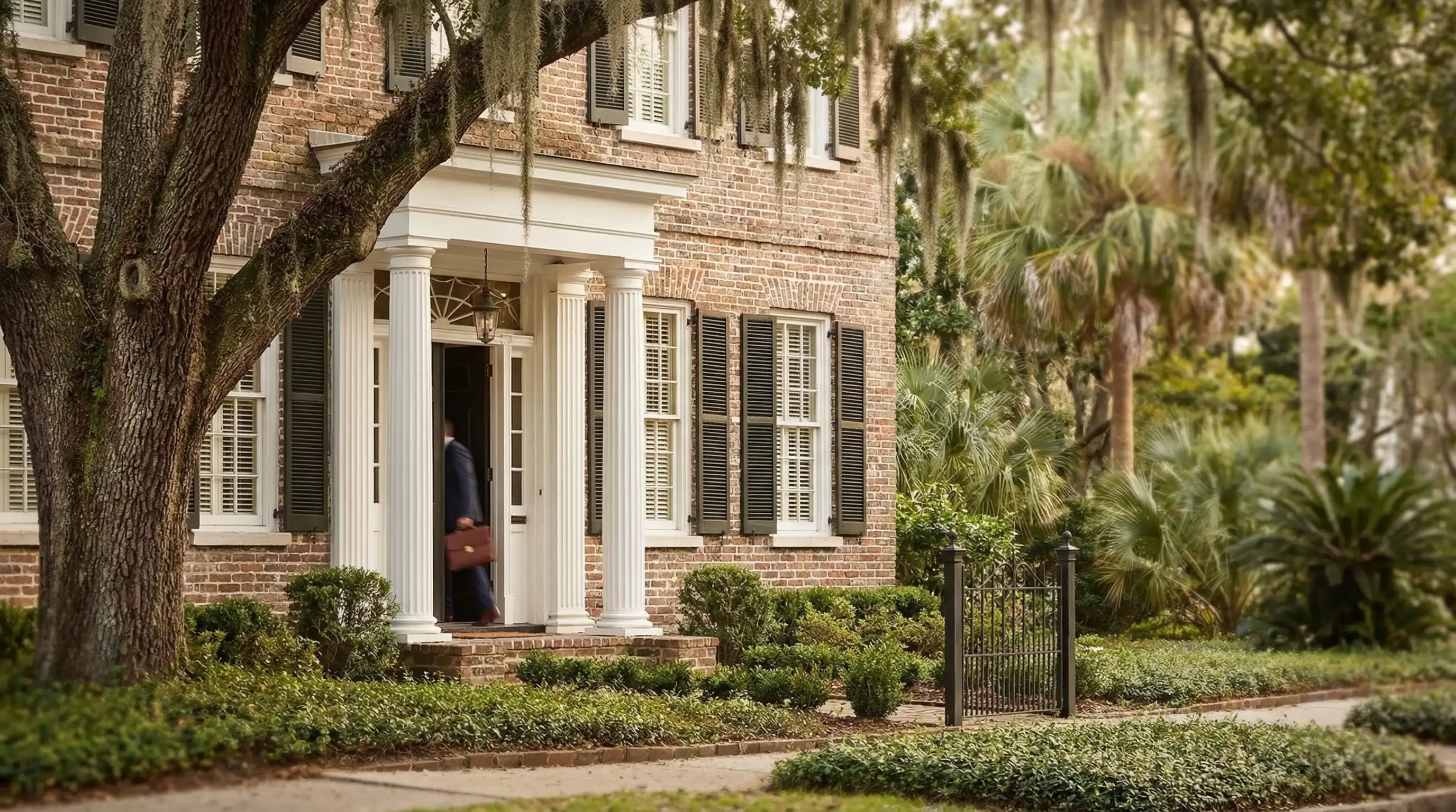 Professional attorney in formal attire outside a historic brick law office building in downtown Charleston, SC
