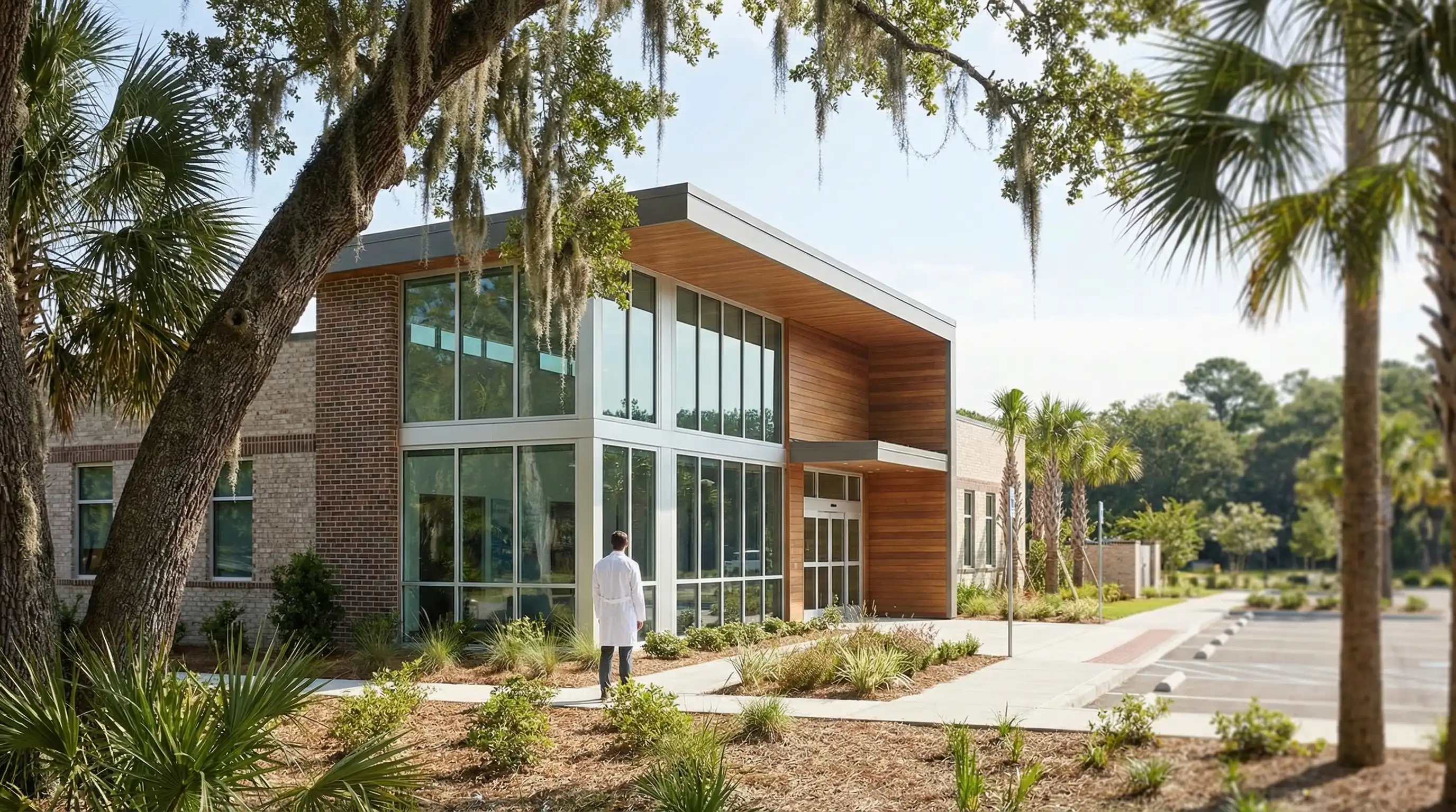 Professional physician in white coat consulting with a patient in a modern medical office in Charleston, SC
