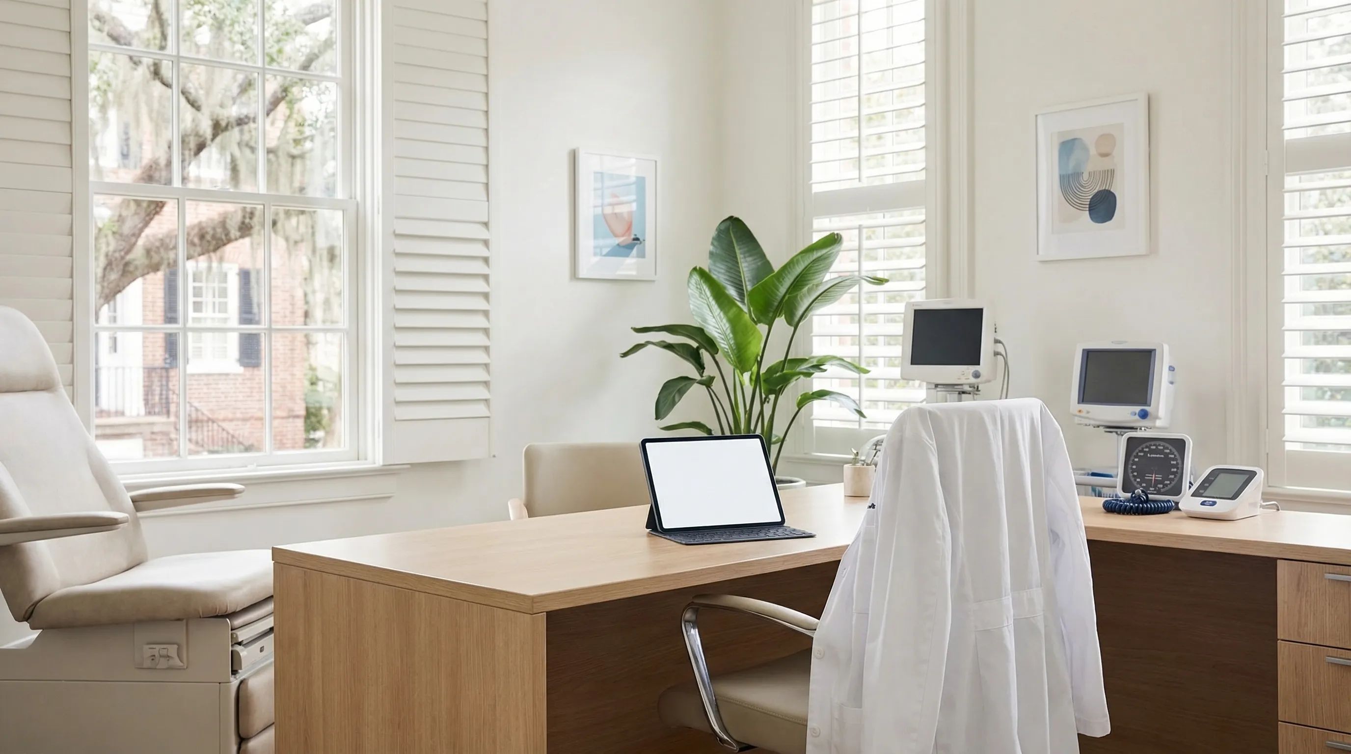 Professional physician in white coat consulting with a patient in a modern medical office in Charleston, SC