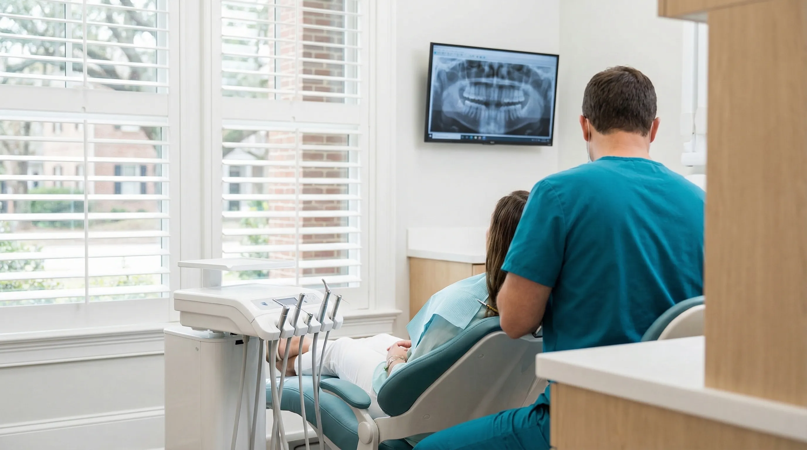Professional dental practice exterior in Mount Pleasant, SC with palmetto tree, bright South Carolina sunshine, and welcoming modern architecture