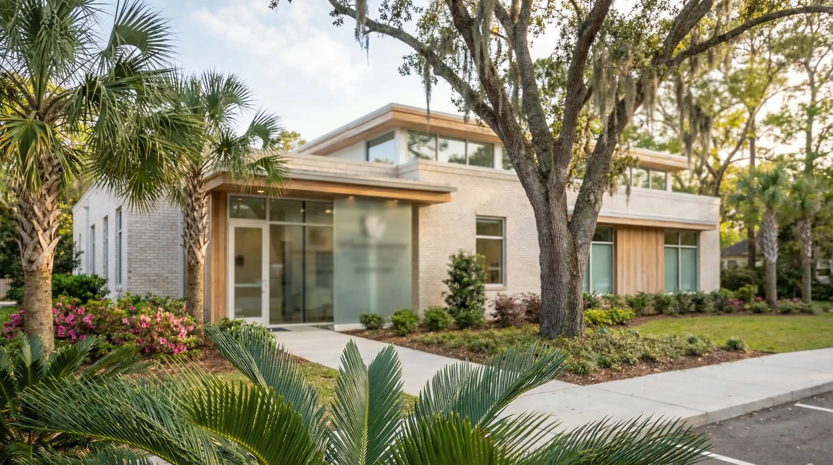 Professional dental practice exterior in Mount Pleasant, SC with palmetto tree, bright South Carolina sunshine, and welcoming modern architecture