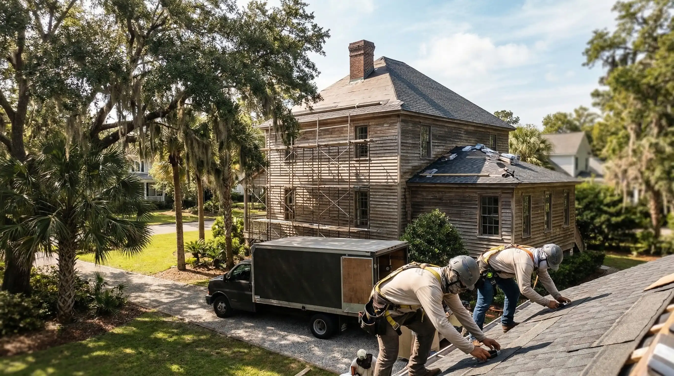 Professional roofing contractor in branded uniform arriving at a Lowcountry-style home in Charleston, SC with palmetto trees and a company-branded truck in the driveway