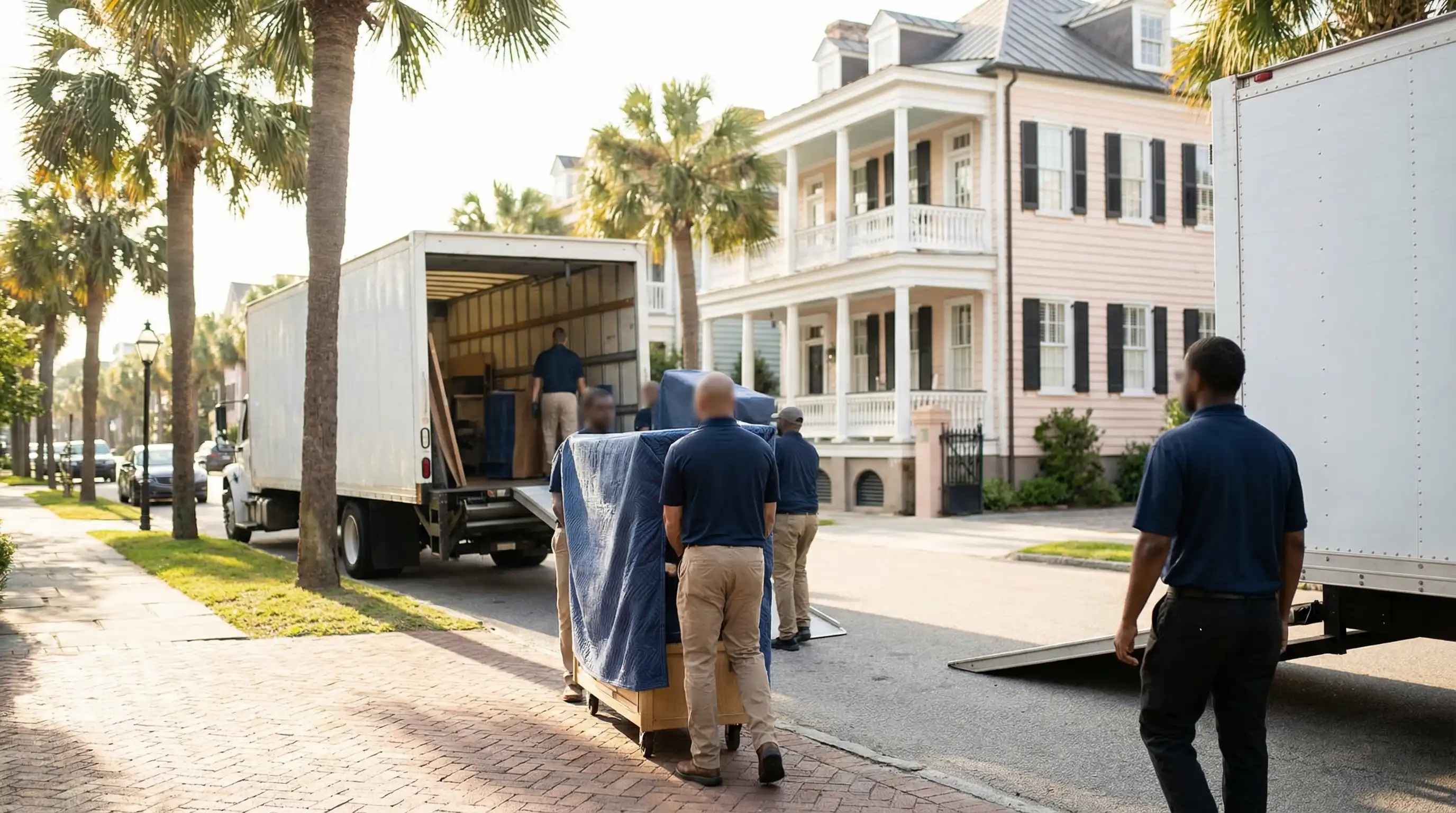 Professional moving crew in branded uniforms carrying furniture out of a classic Charleston single house with palmetto trees and a branded moving truck on the brick-paved street