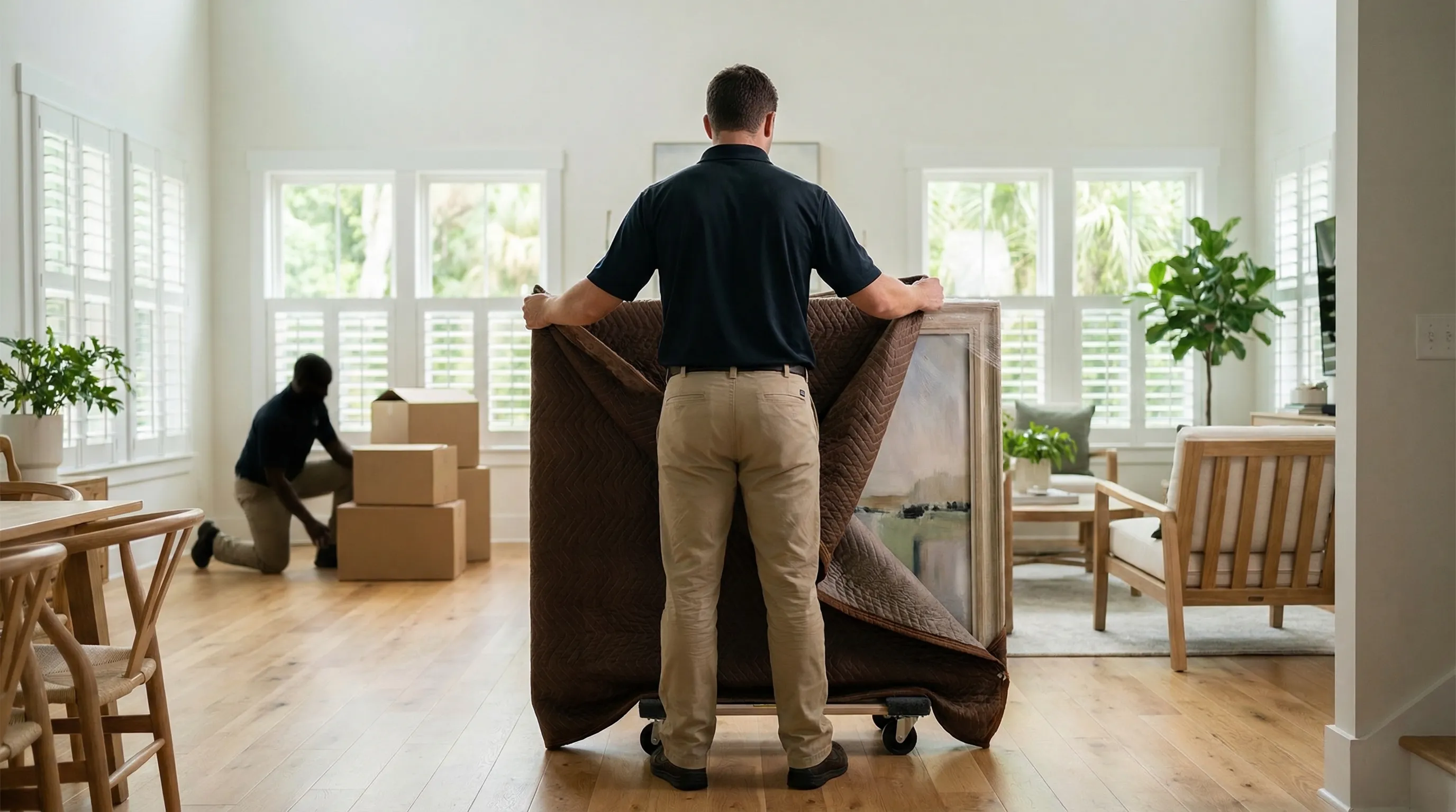 Professional moving crew in branded uniforms carrying furniture out of a classic Charleston single house with palmetto trees and a branded moving truck on the brick-paved street