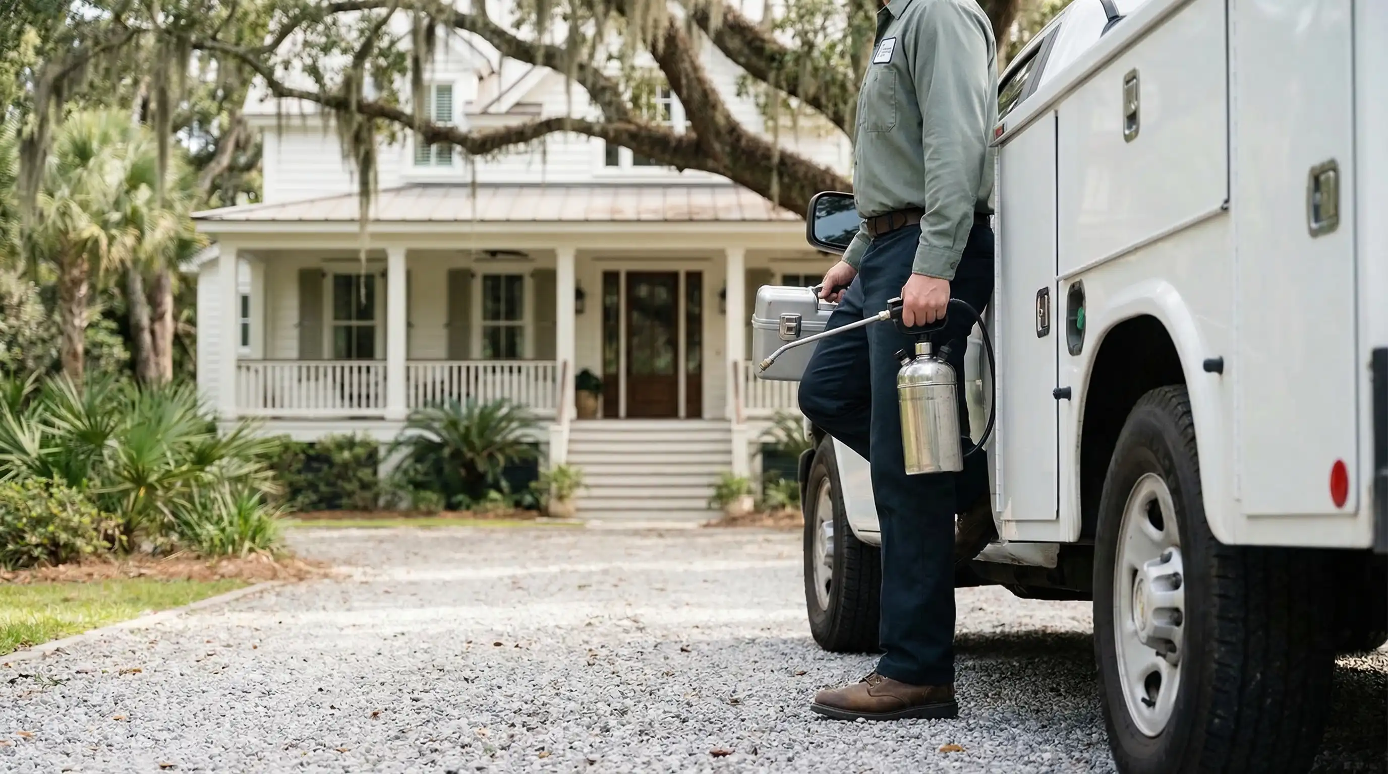 Professional pest control technician in branded uniform arriving at a classic Lowcountry home in Charleston, SC with palmetto trees, a live oak with Spanish moss, and a company-branded truck in the driveway