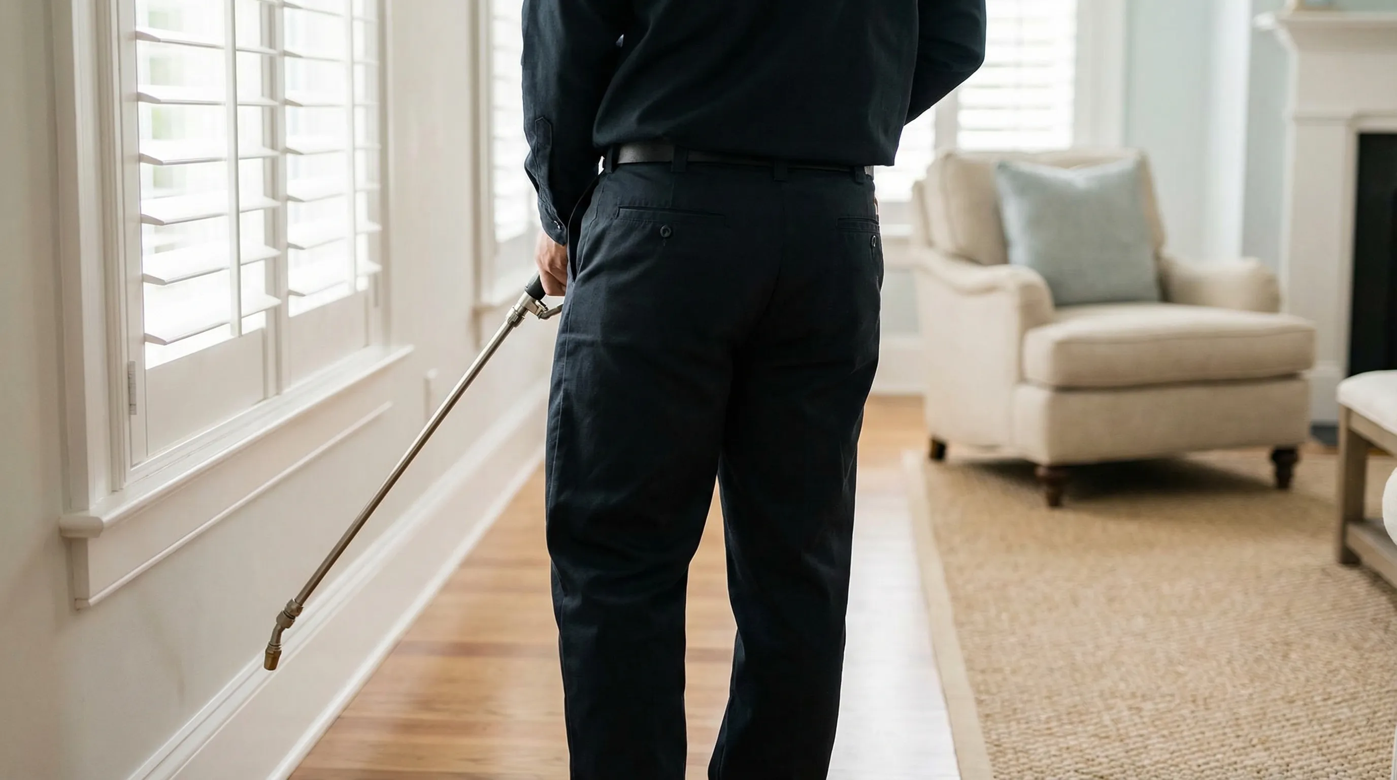 Professional pest control technician in branded uniform arriving at a classic Lowcountry home in Charleston, SC with palmetto trees, a live oak with Spanish moss, and a company-branded truck in the driveway