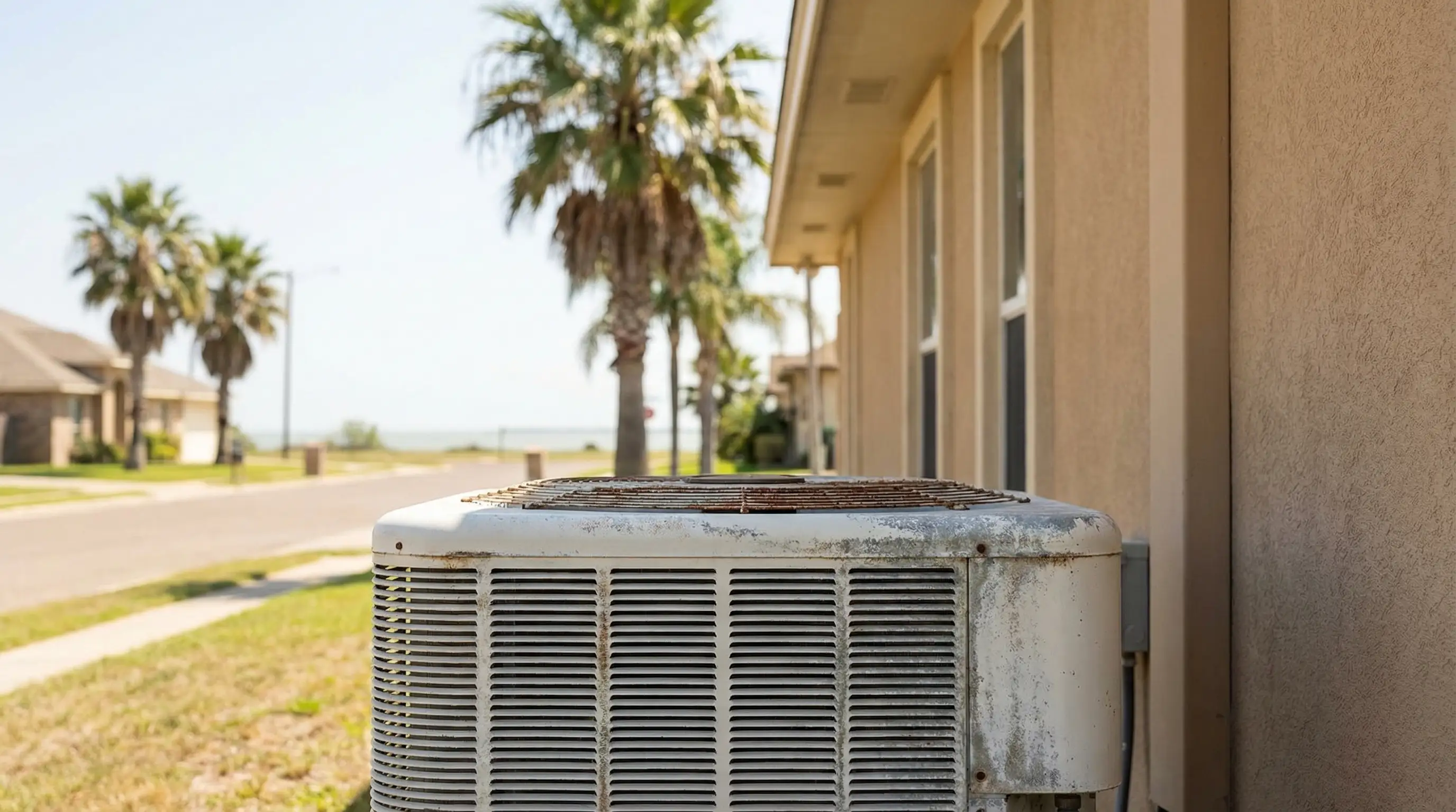 Professional HVAC service technician inspecting a salt-corroded condenser unit outside a coastal stucco home in Corpus Christi, TX