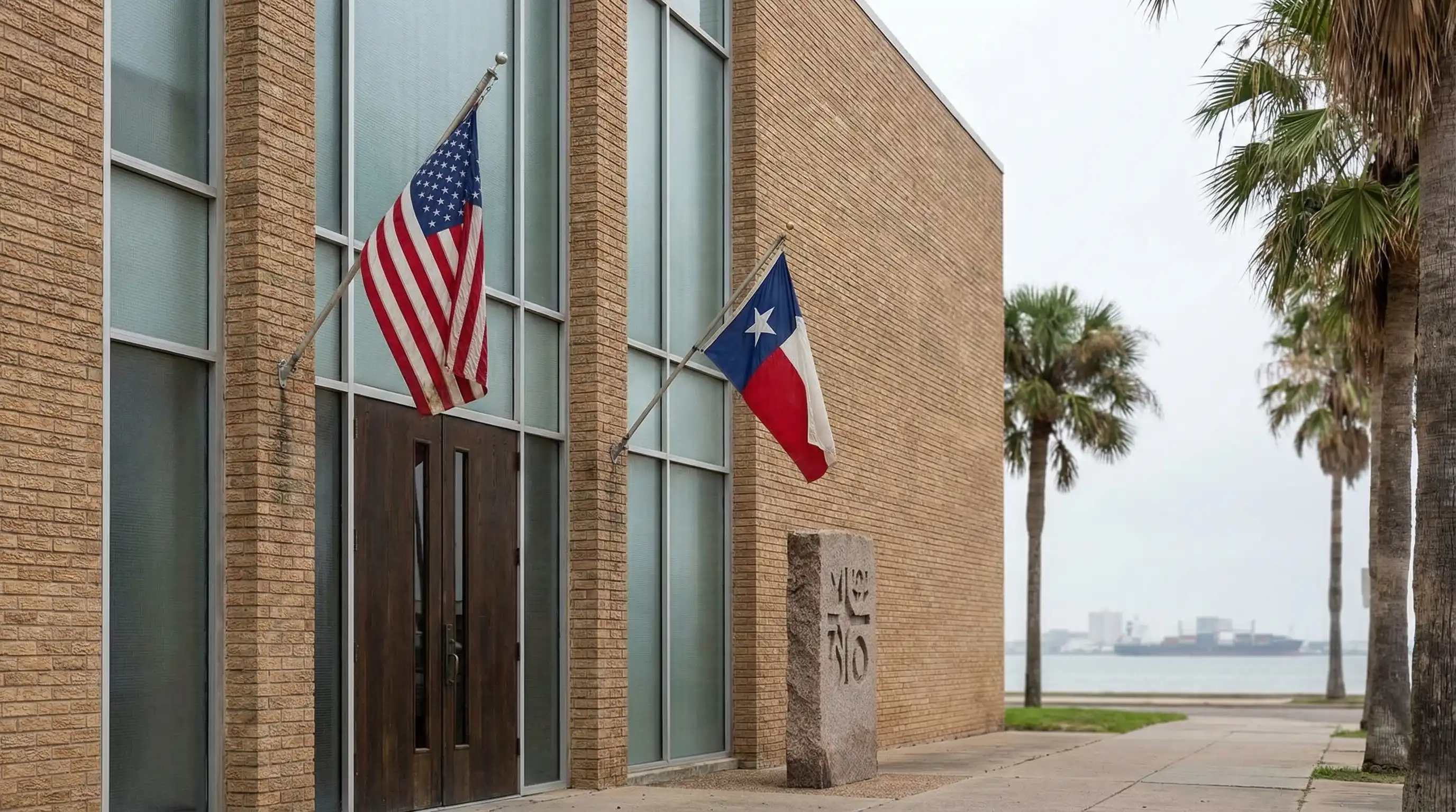 Professional legal office interior in downtown Corpus Christi, TX, with bay view and coastal legal practice credentials displayed