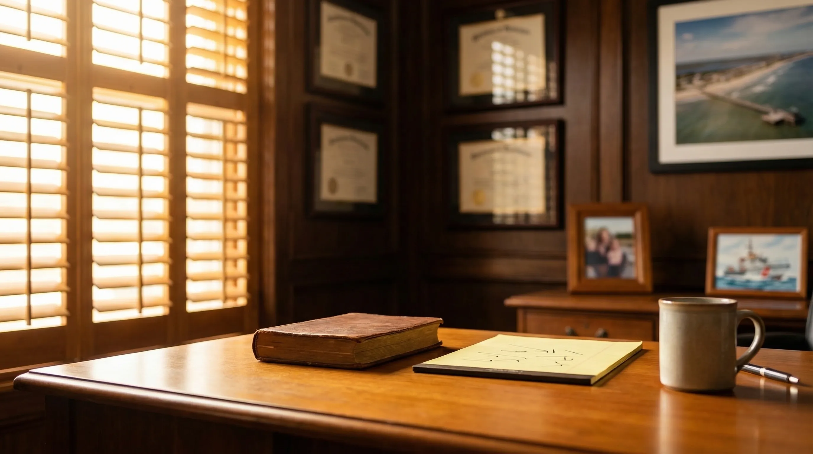 Professional legal office interior in downtown Corpus Christi, TX, with bay view and coastal legal practice credentials displayed