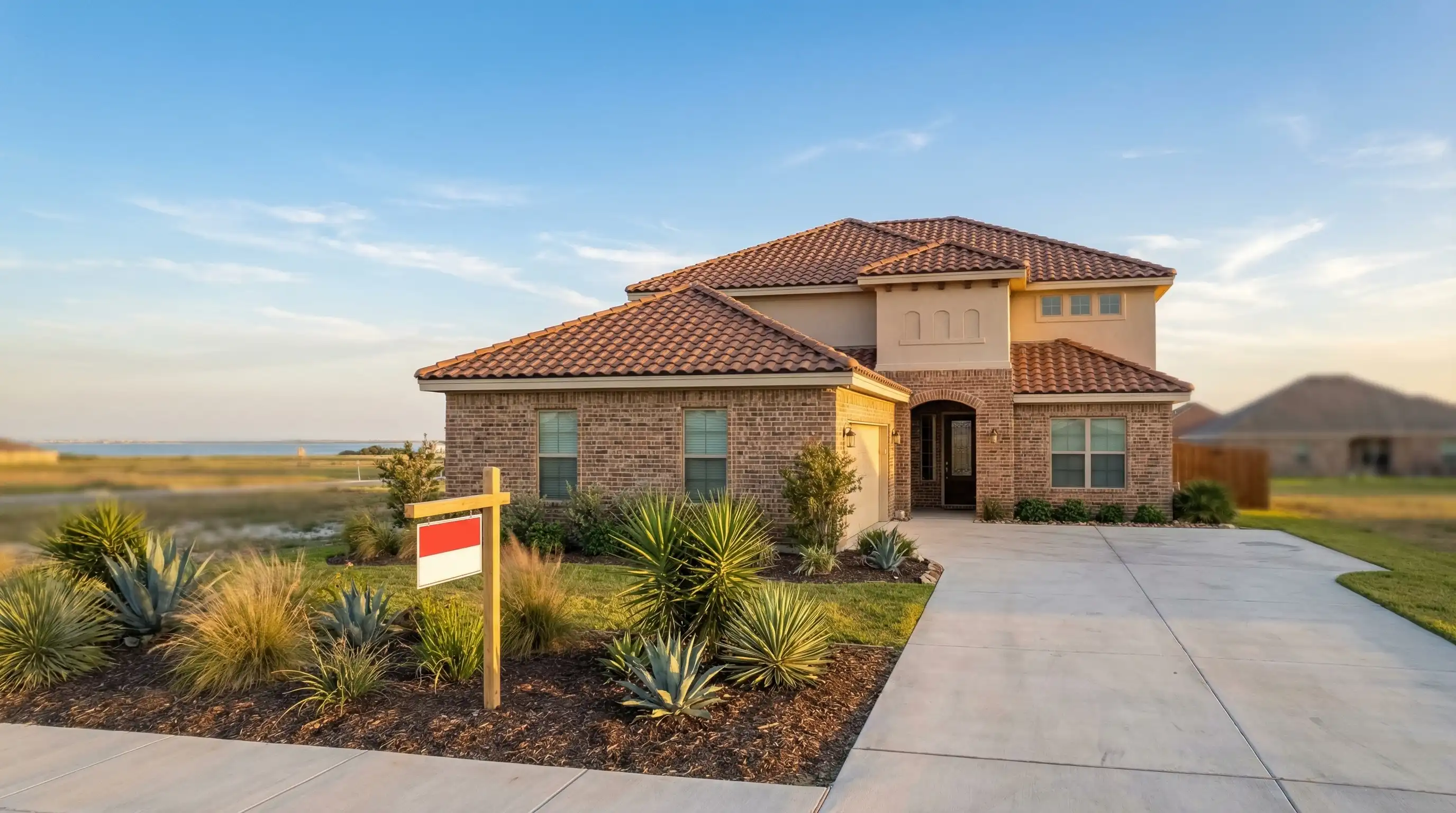 Professional real estate agent reviewing a military relocation file in a modern Corpus Christi, TX office with city and bay view