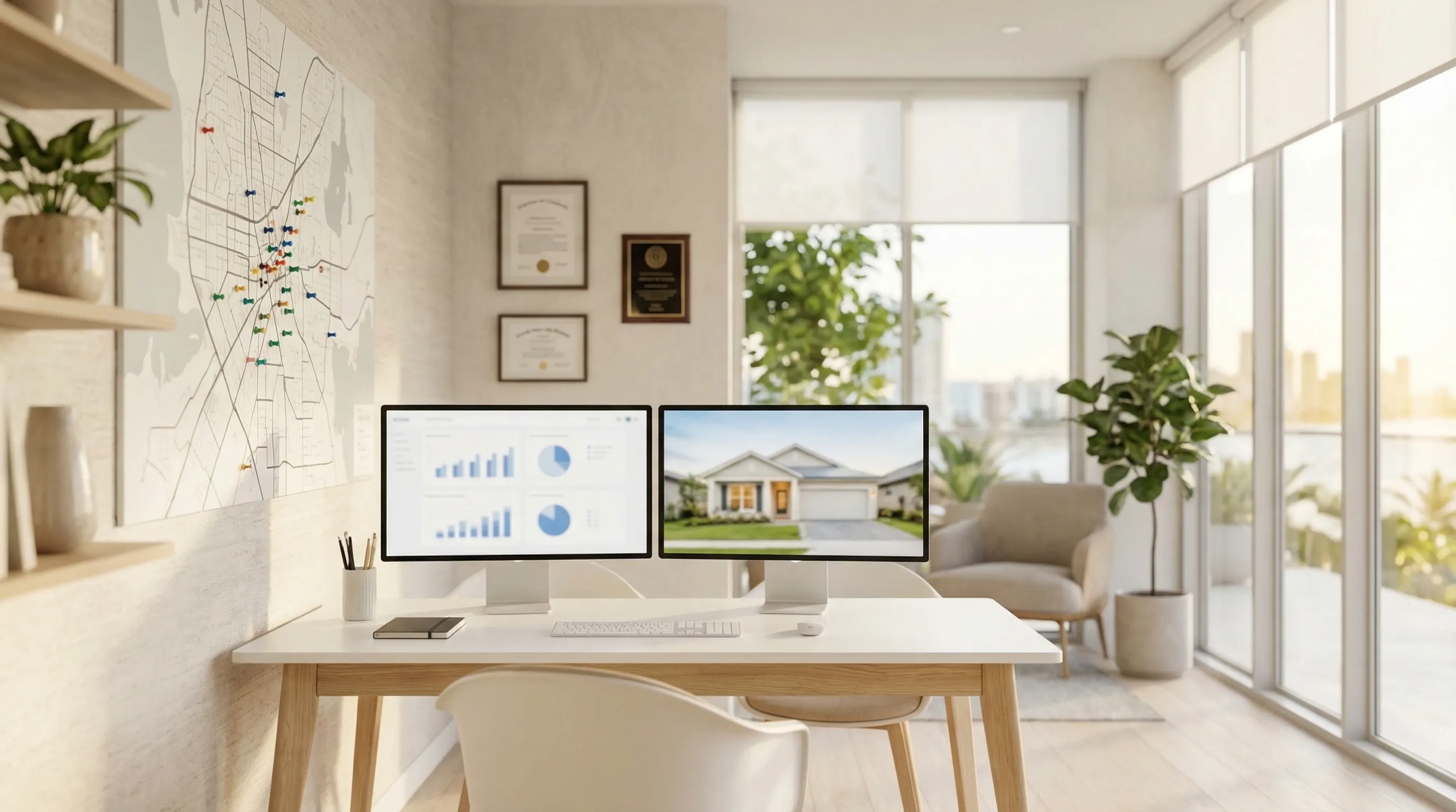 Professional real estate agent reviewing a military relocation file in a modern Corpus Christi, TX office with city and bay view