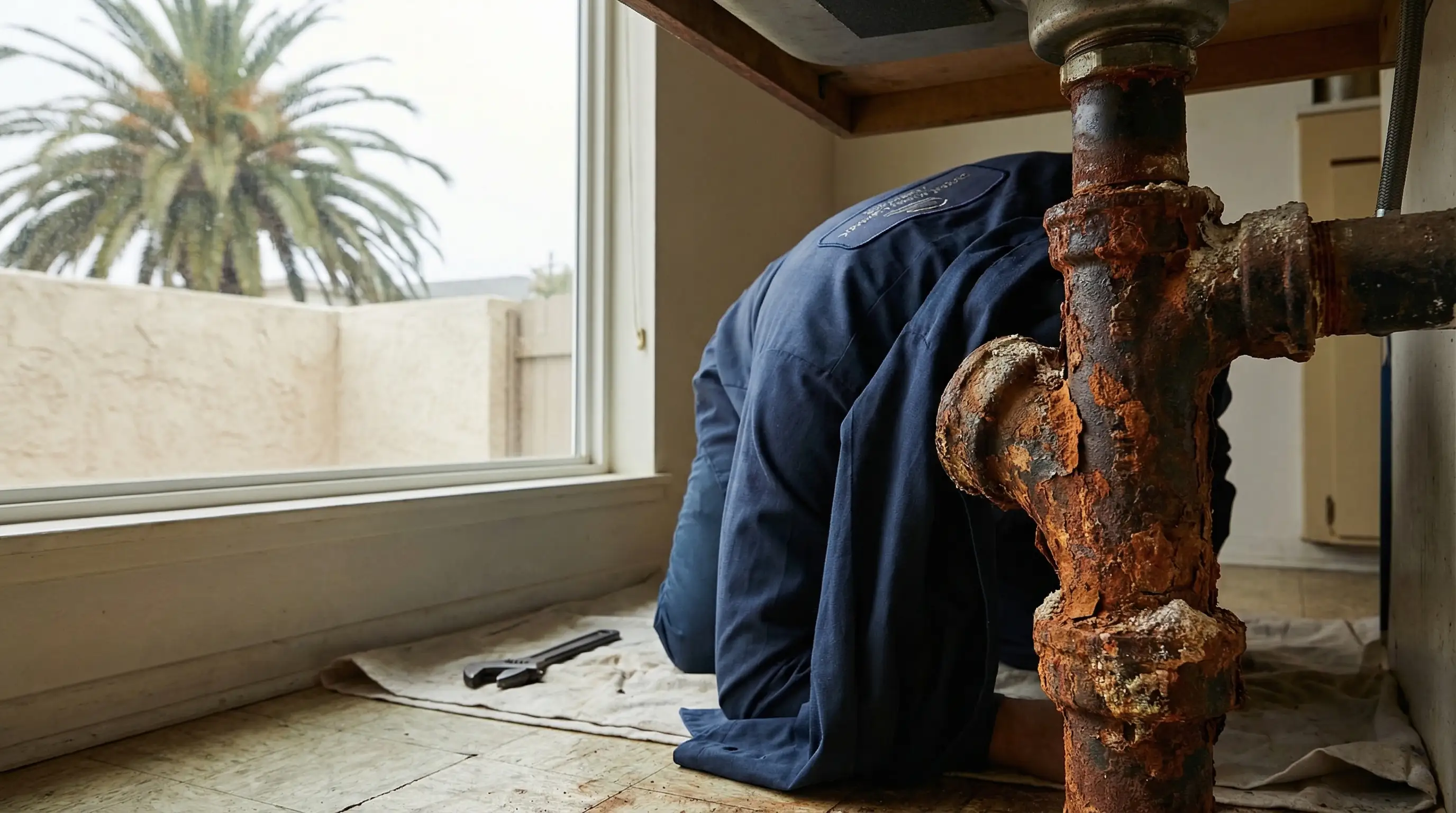 Professional plumber in branded work shirt inspecting corroded cast iron drain pipe under kitchen sink in a 1970s Corpus Christi coastal home, Gulf Coast light visible through kitchen window