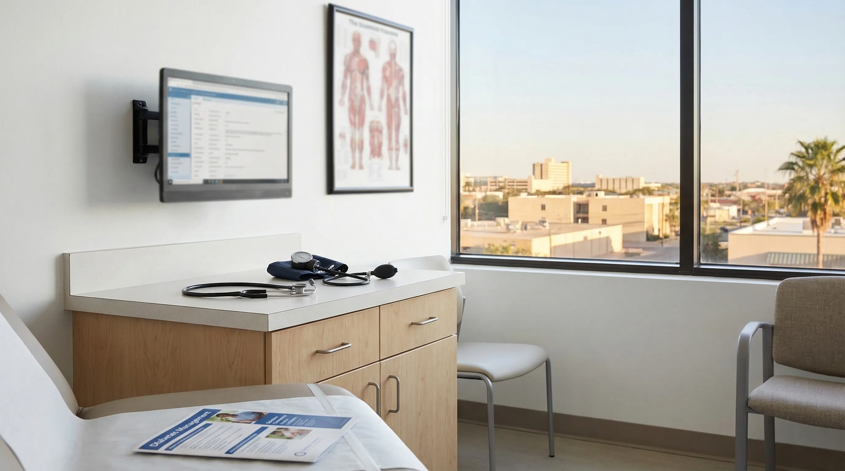 Clean modern entrance of a private medical clinic in Corpus Christi with bilingual Welcome and Bienvenidos signage, Gulf Coast palms in parking lot, professional reception staff visible through glass doors