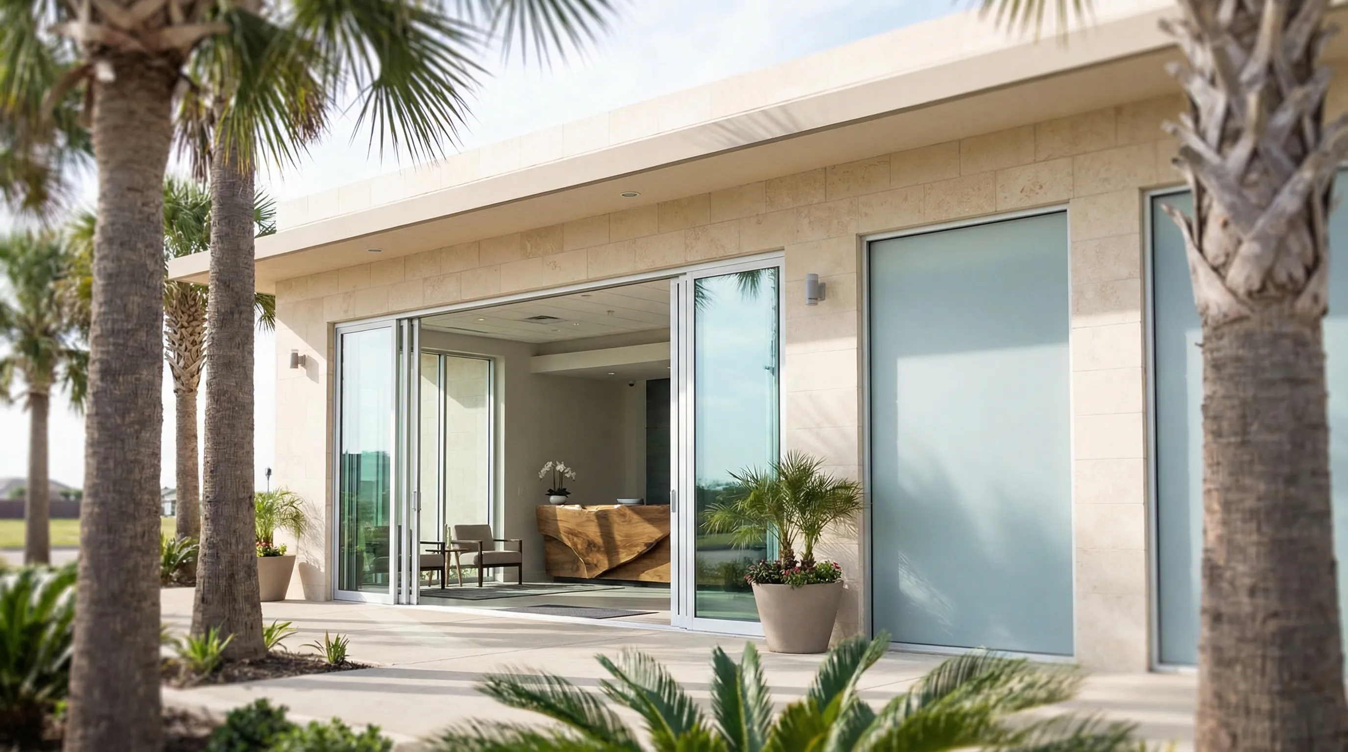 Clean modern entrance of a private medical clinic in Corpus Christi with bilingual Welcome and Bienvenidos signage, Gulf Coast palms in parking lot, professional reception staff visible through glass doors