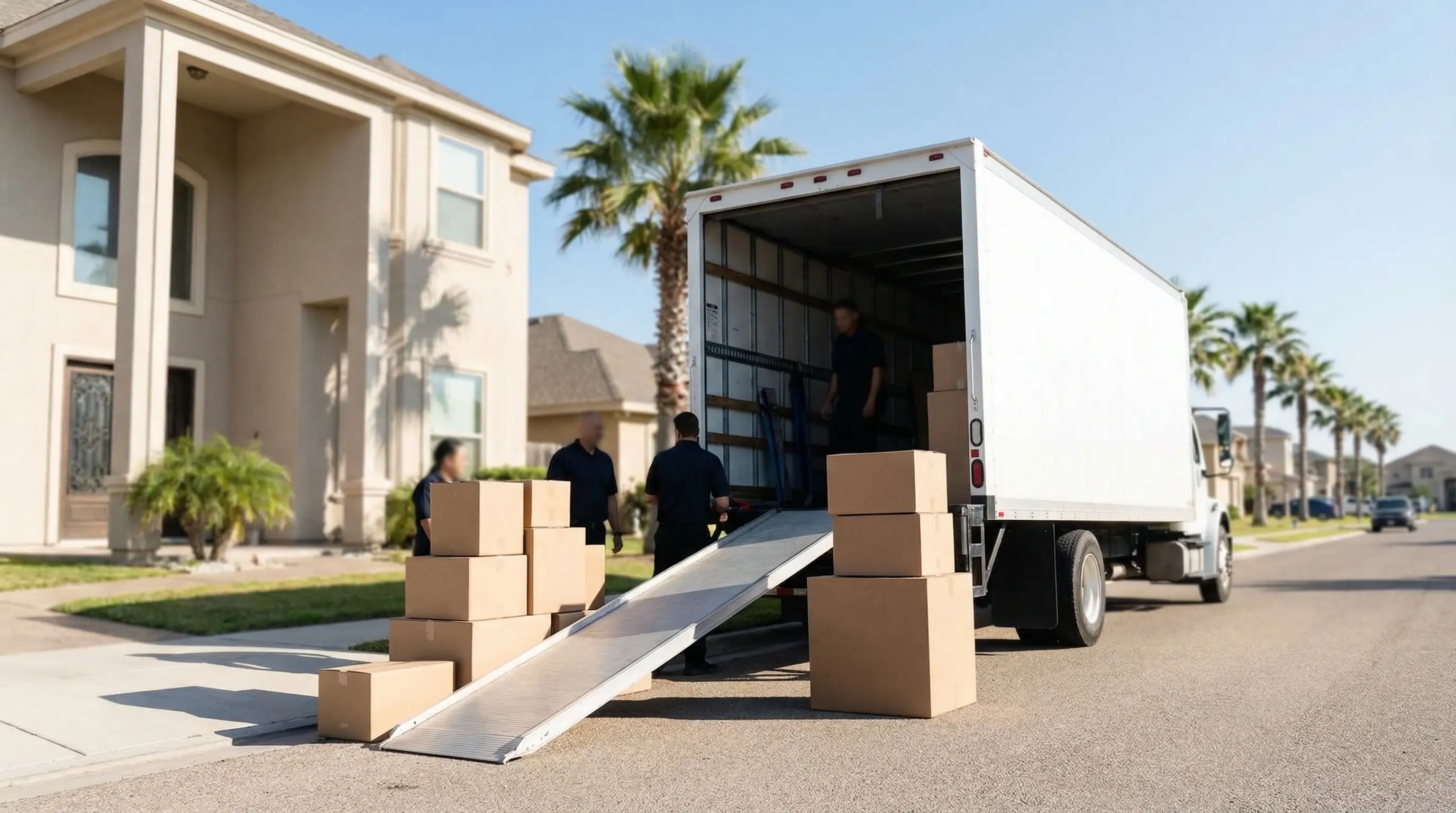Professional moving crew in branded polo shirts loading climate-controlled truck in front of Corpus Christi Southside home on sunny Gulf Coast morning, palms lining the street