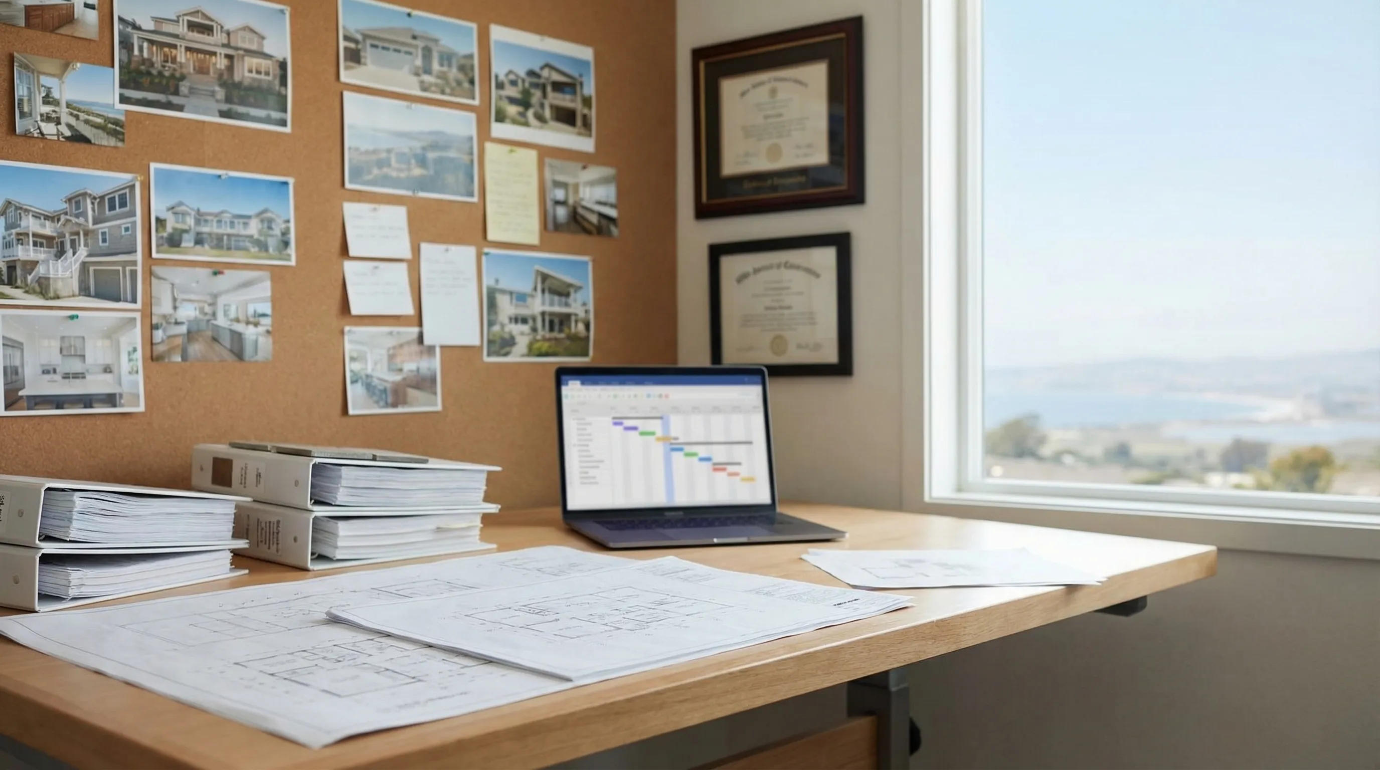 Skilled construction crew framing a coastal home addition against the wide Gulf Coast sky in Corpus Christi, lumber stacked on sunlit lot, South Texas palms visible in background