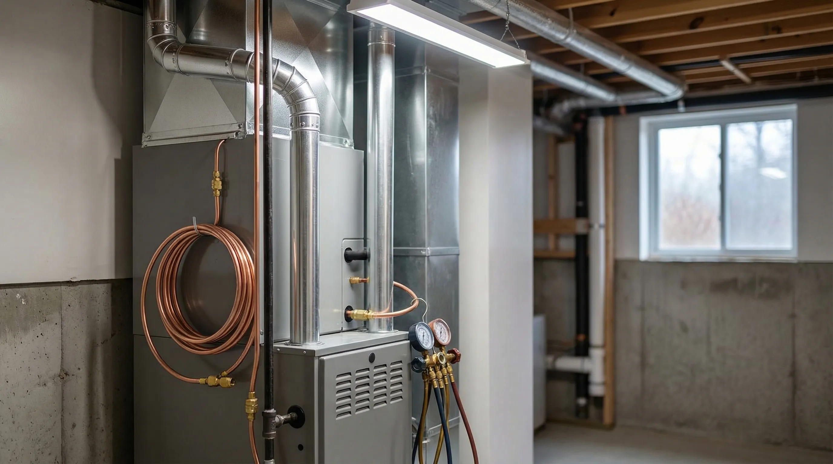 Professional HVAC technician inspecting AC condenser unit outside a red brick colonial home in Lexington, KY
